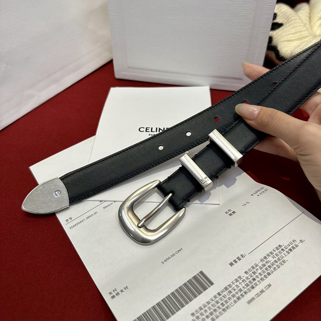 セリーヌ トリヨン レザー スモール ウエスタン ベルト ブラック 45BAE3A01.38SI (1.8CM) 詳細画像 3