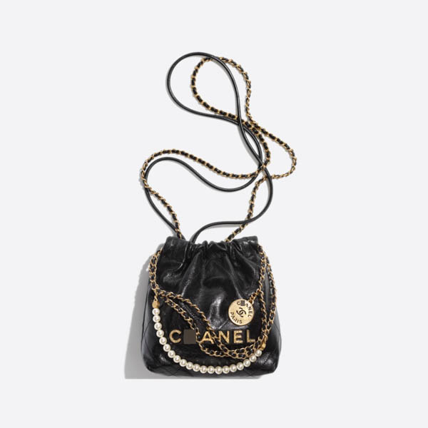 シャネル22ミニハンダバーShiny Crumpled Calfskin, Crystal Pearls & Gold-Tone Metal ブラック AS3980 B10672 94305 画像 1