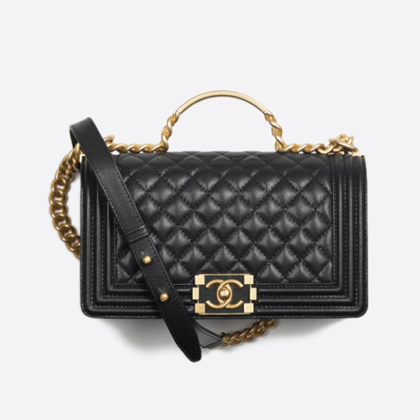 CHANEL BOY CHANEL FLAP BAG WITH HANDLES Glossy grained calfskin, gold metal black A94804 B13694 94305 画像 1