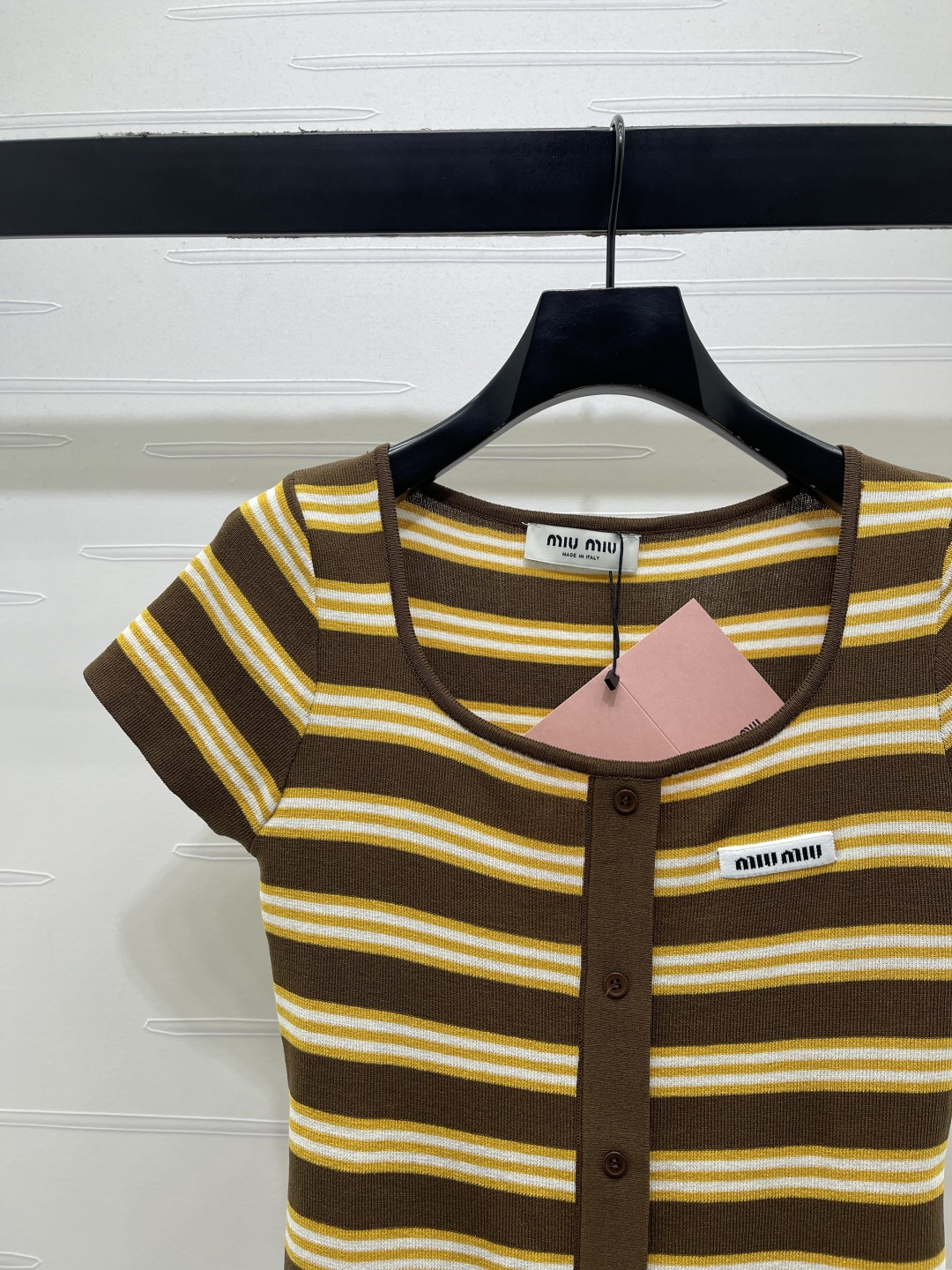 ミュウミュウ 白 ロゴ刺繍 ボーダー ニットTシャツ 画像 4