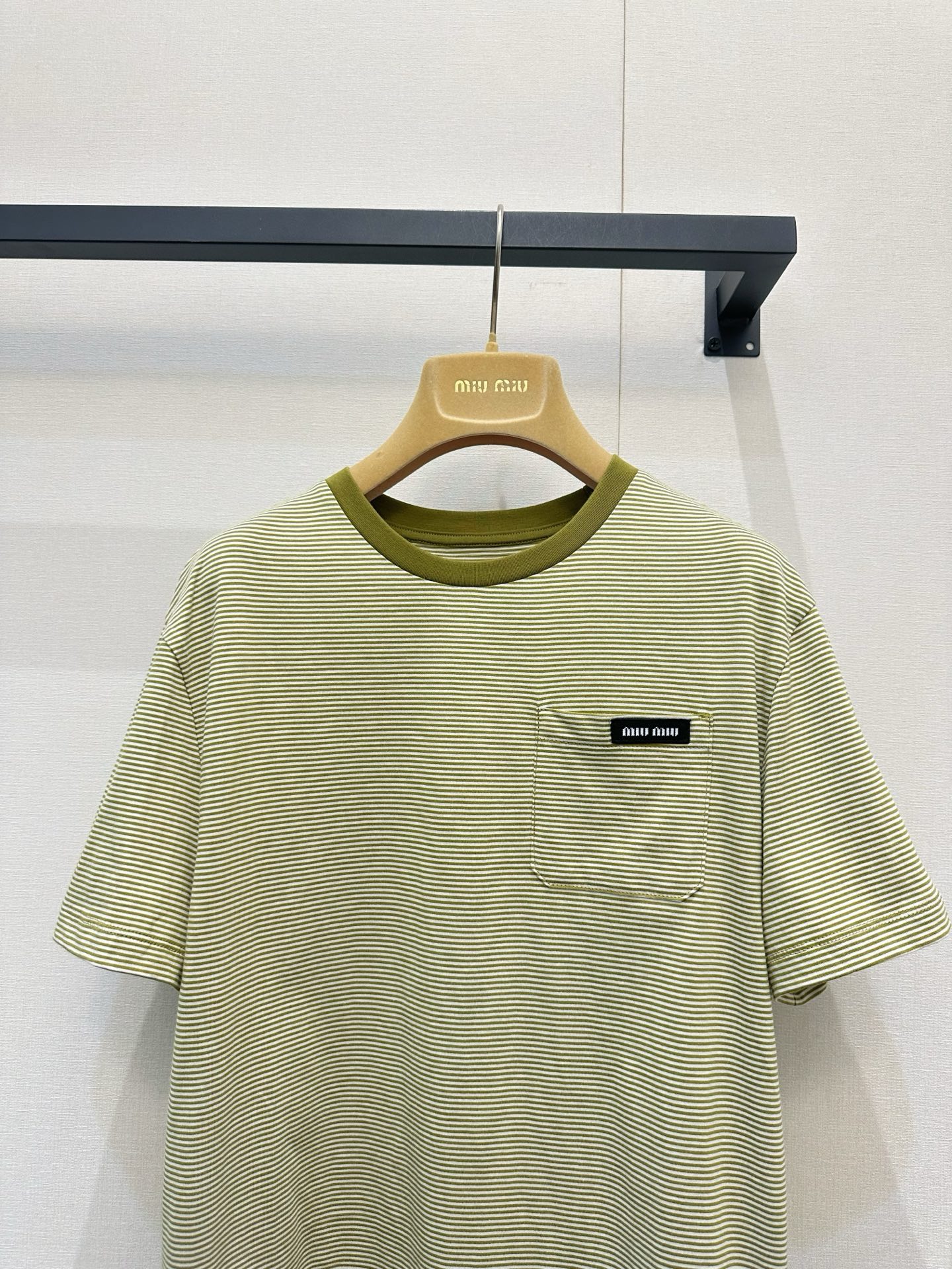 ミュウミュウ ロゴ刺繍 ボーダー デニム ニットTシャツ 詳細画像 3