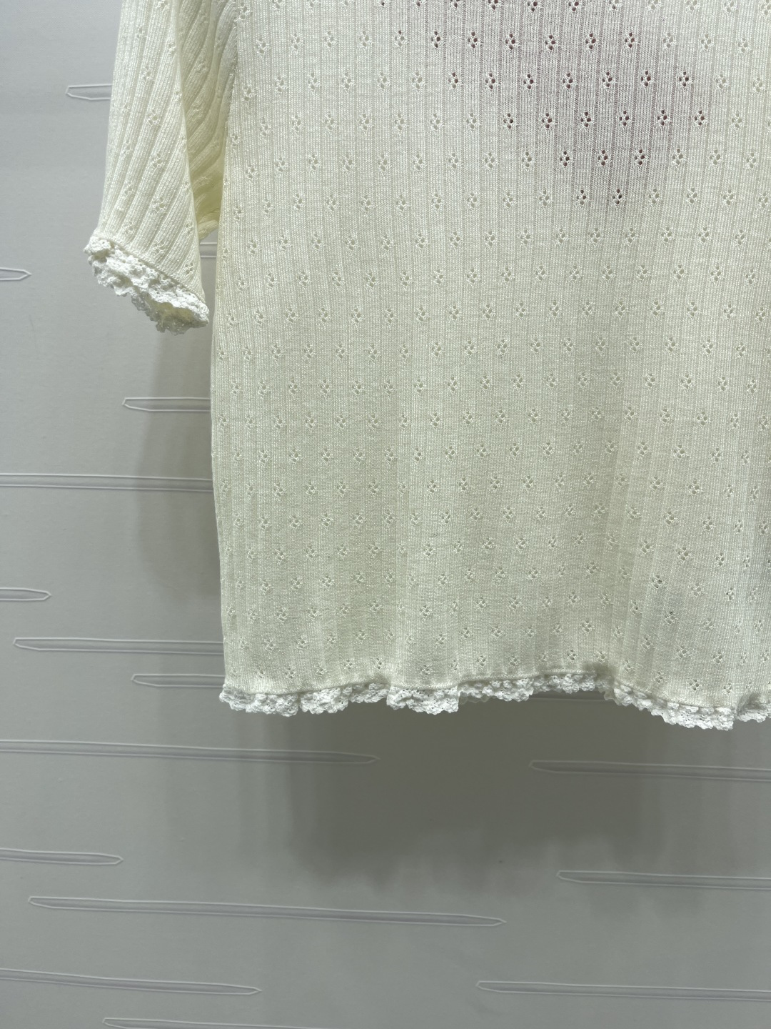 ミュウミュウ フローラル ロゴ刺繍 透かし編み レーストリム ニットTシャツ 画像 6