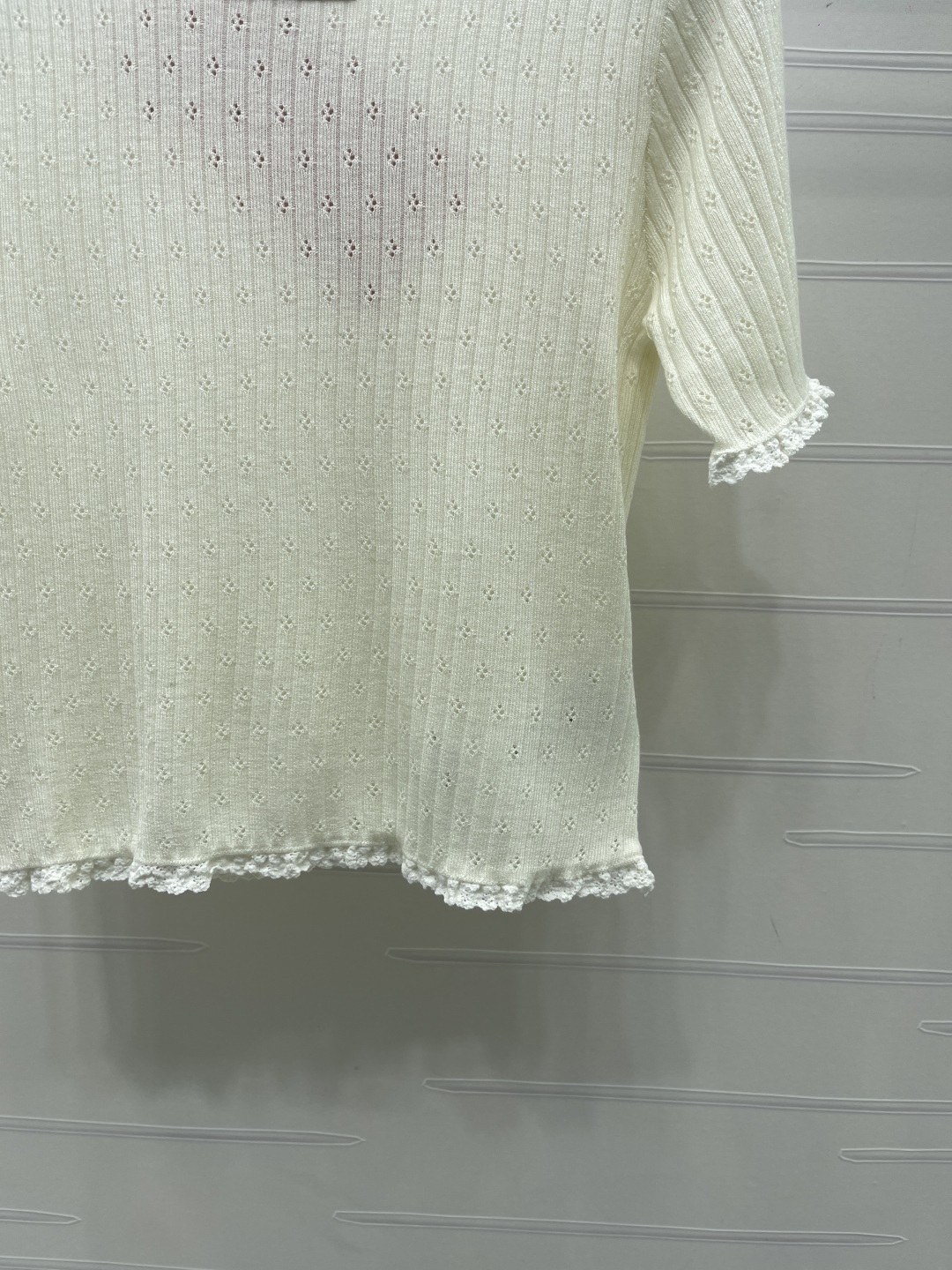 ミュウミュウ フローラル ロゴ刺繍 透かし編み レーストリム ニットTシャツ 画像 7