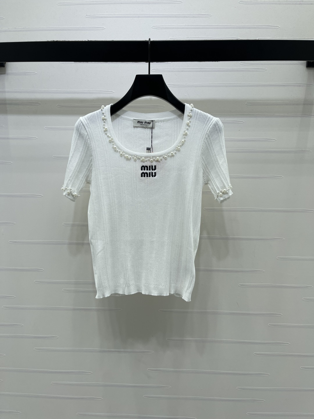 ミュウミュウ ロゴ刺繍 クリスタル装飾 ニットTシャツ 詳細画像 3