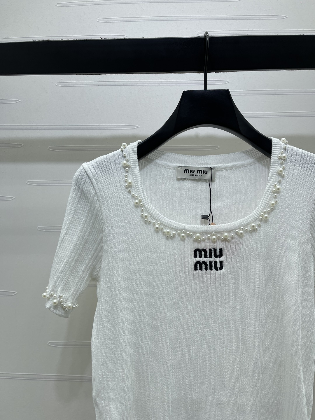 ミュウミュウ ロゴ刺繍 クリスタル装飾 ニットTシャツ 画像 5