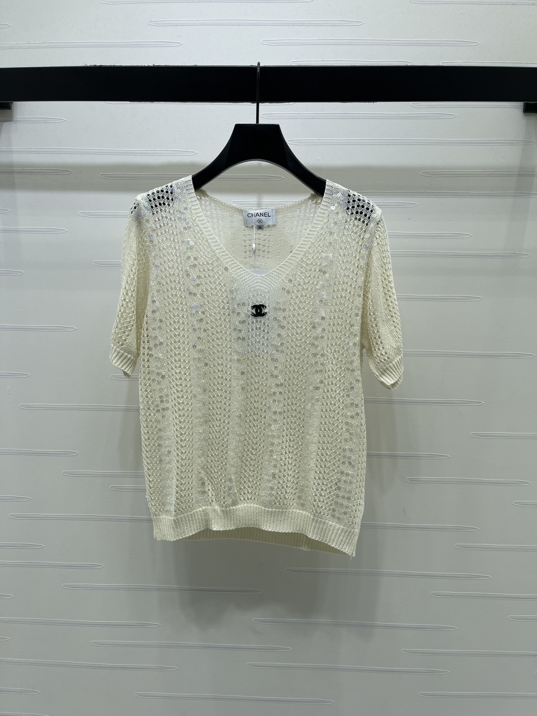 シャネル ロゴ刺繍 透かし編み Vネック ニットTシャツ 詳細画像 1