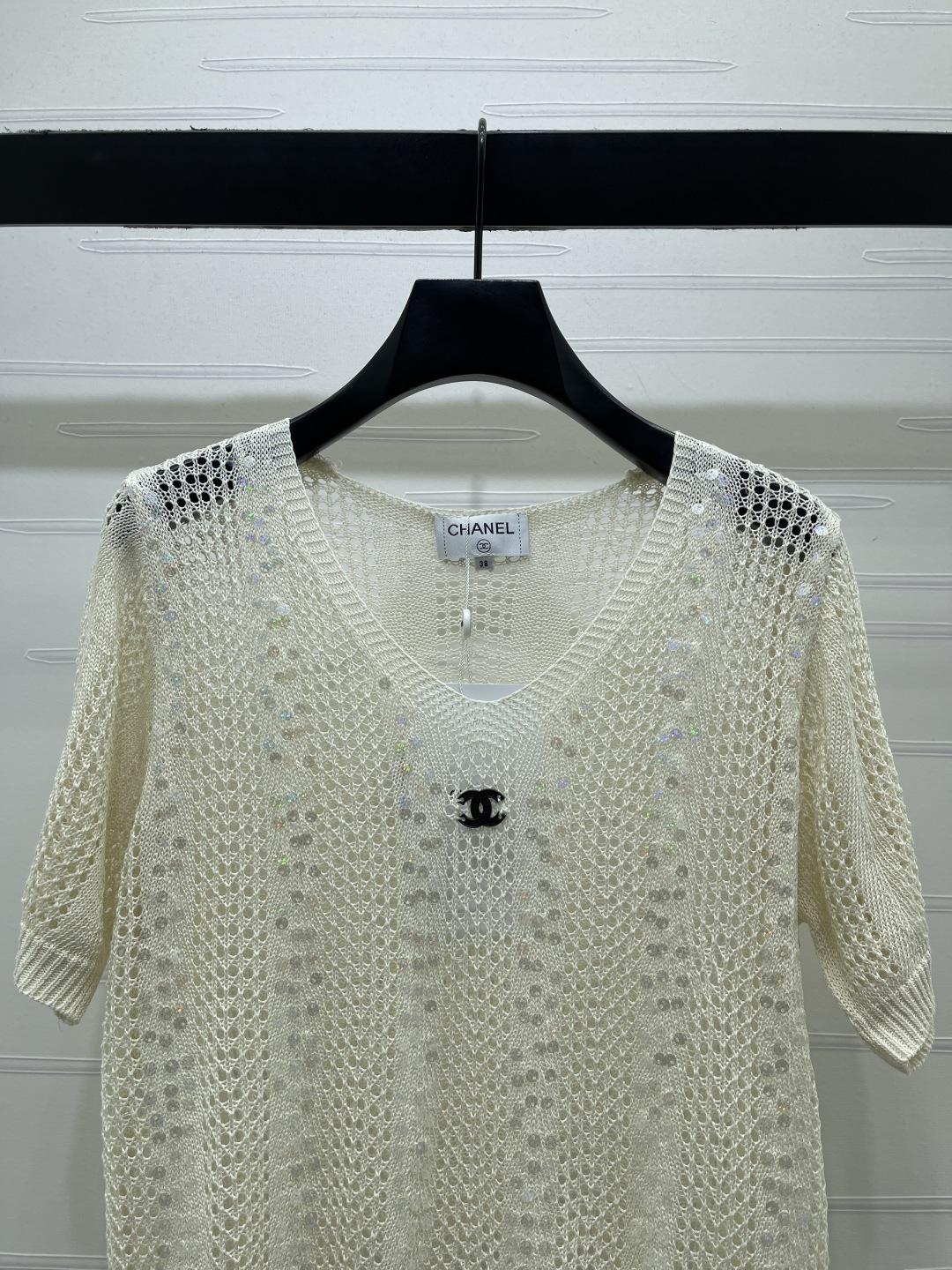 シャネル ロゴ刺繍 透かし編み Vネック ニットTシャツ 画像 5