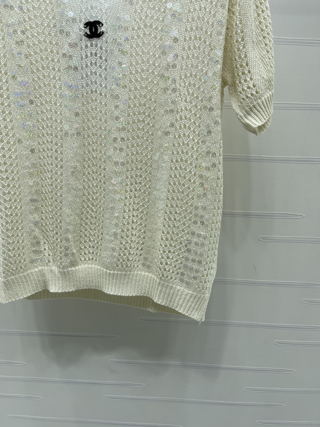 シャネル ロゴ刺繍 透かし編み Vネック ニットTシャツ 画像 7