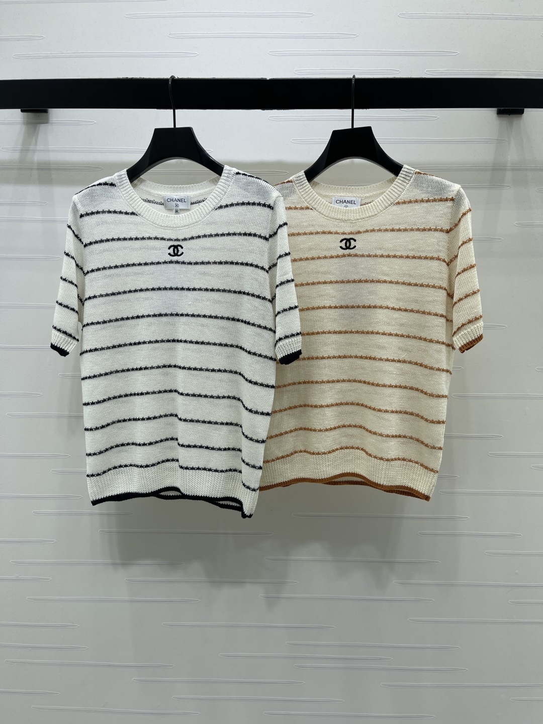 シャネル 白 ロゴ刺繍 ボーダー ニットTシャツ 詳細画像 1