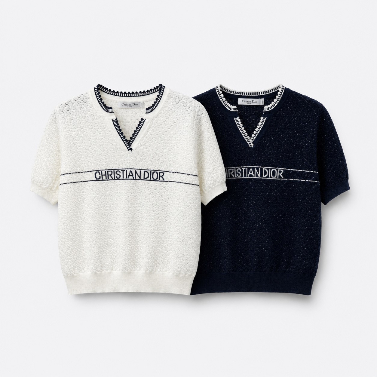 ディオール ロゴ刺繍 ジャカード 透かし編み デニム ニットTシャツ