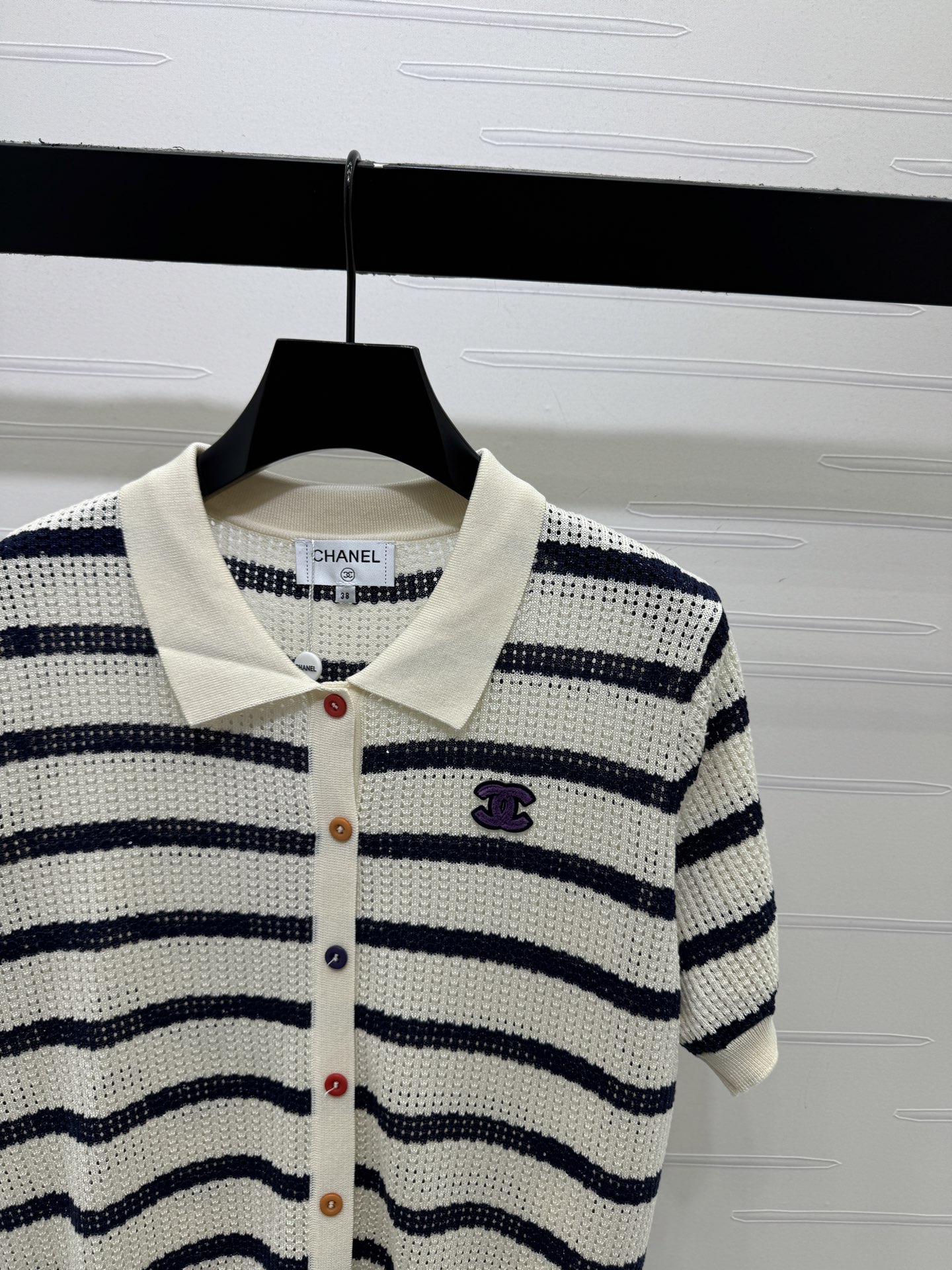 シャネル ロゴ刺繍 ボーダー 透かし編み 襟付き ニットポロシャツ 画像 4