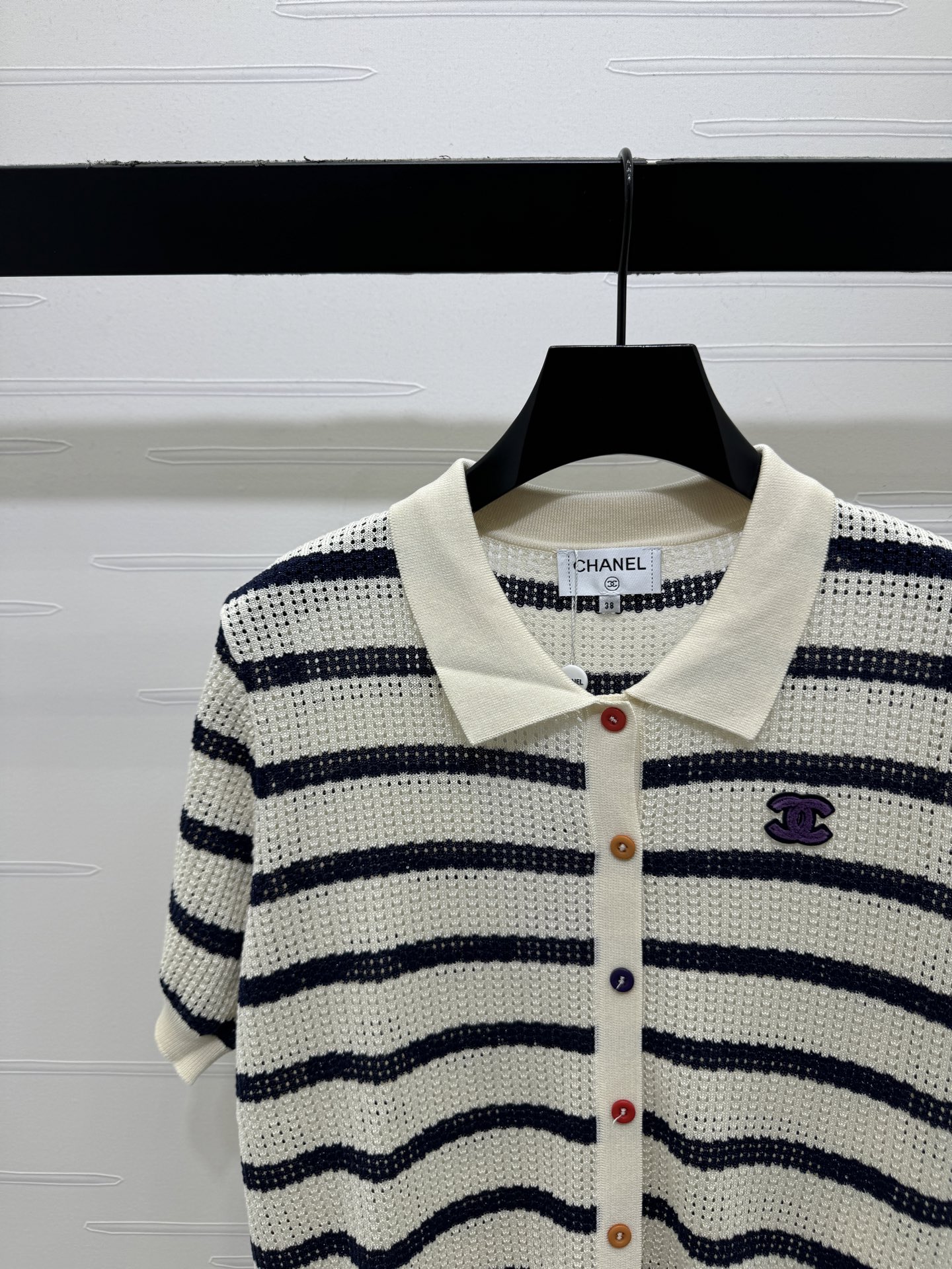 シャネル ロゴ刺繍 ボーダー 透かし編み 襟付き ニットポロシャツ 画像 5
