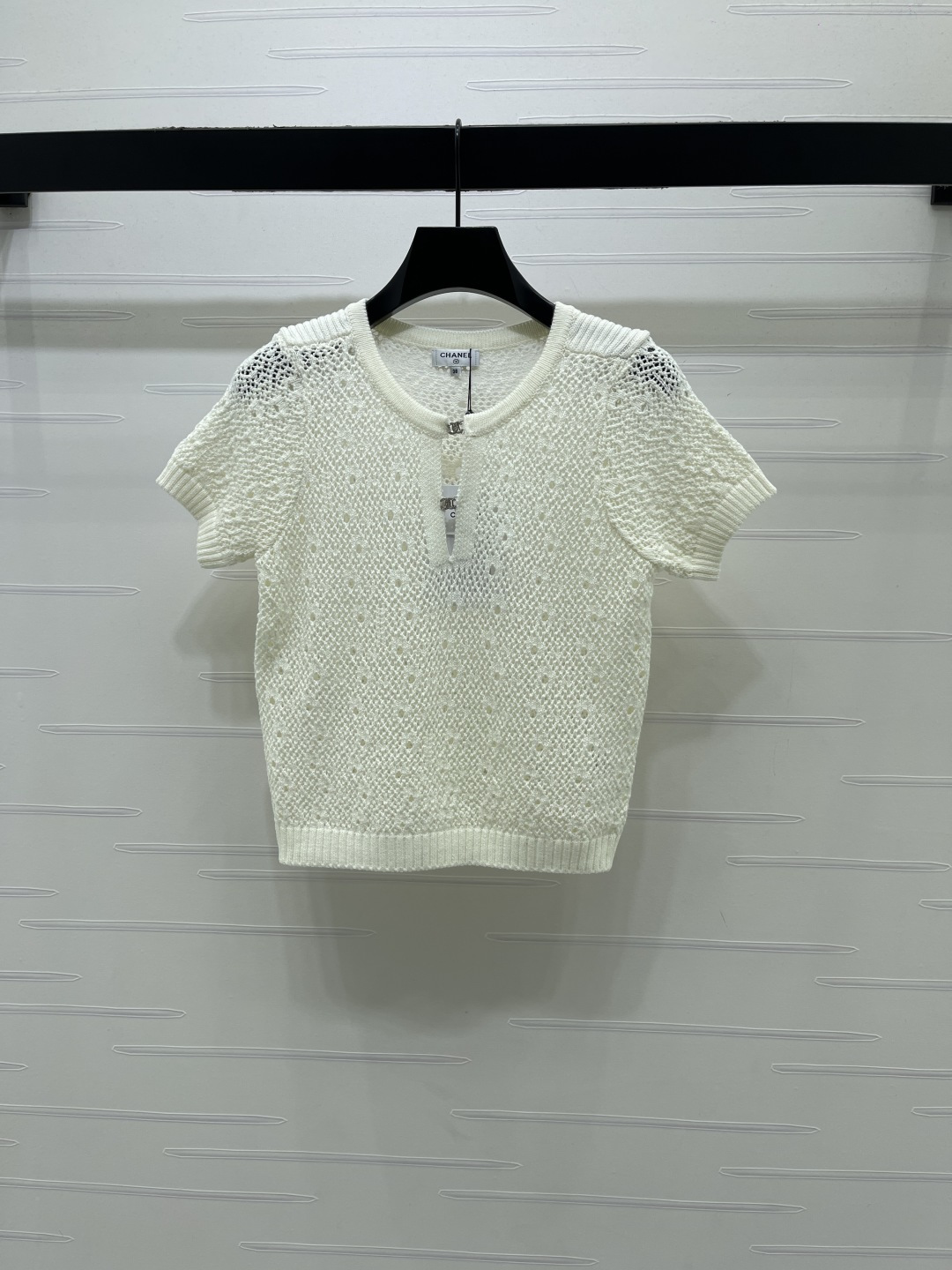 シャネル ロゴ刺繍 透かし編み クリスタル装飾 ニットTシャツ 詳細画像 3