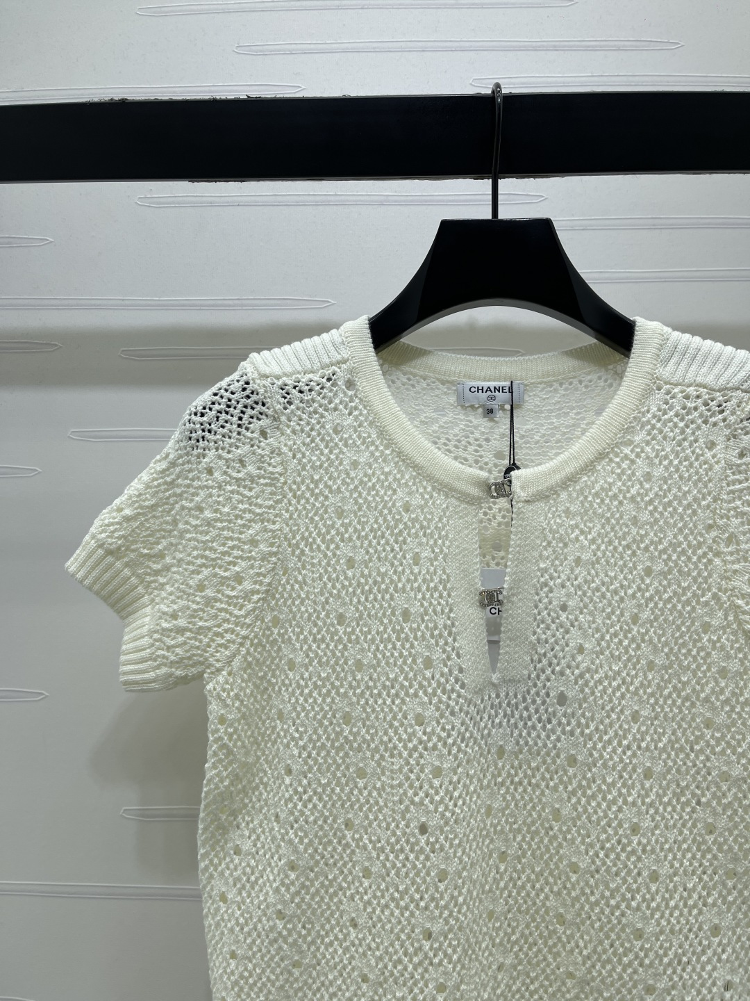 シャネル ロゴ刺繍 透かし編み クリスタル装飾 ニットTシャツ 画像 5
