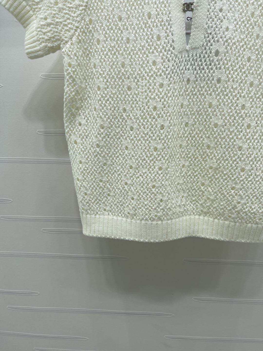 シャネル ロゴ刺繍 透かし編み クリスタル装飾 ニットTシャツ 画像 6