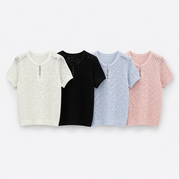シャネル ロゴ刺繍 透かし編み クリスタル装飾 ニットTシャツ