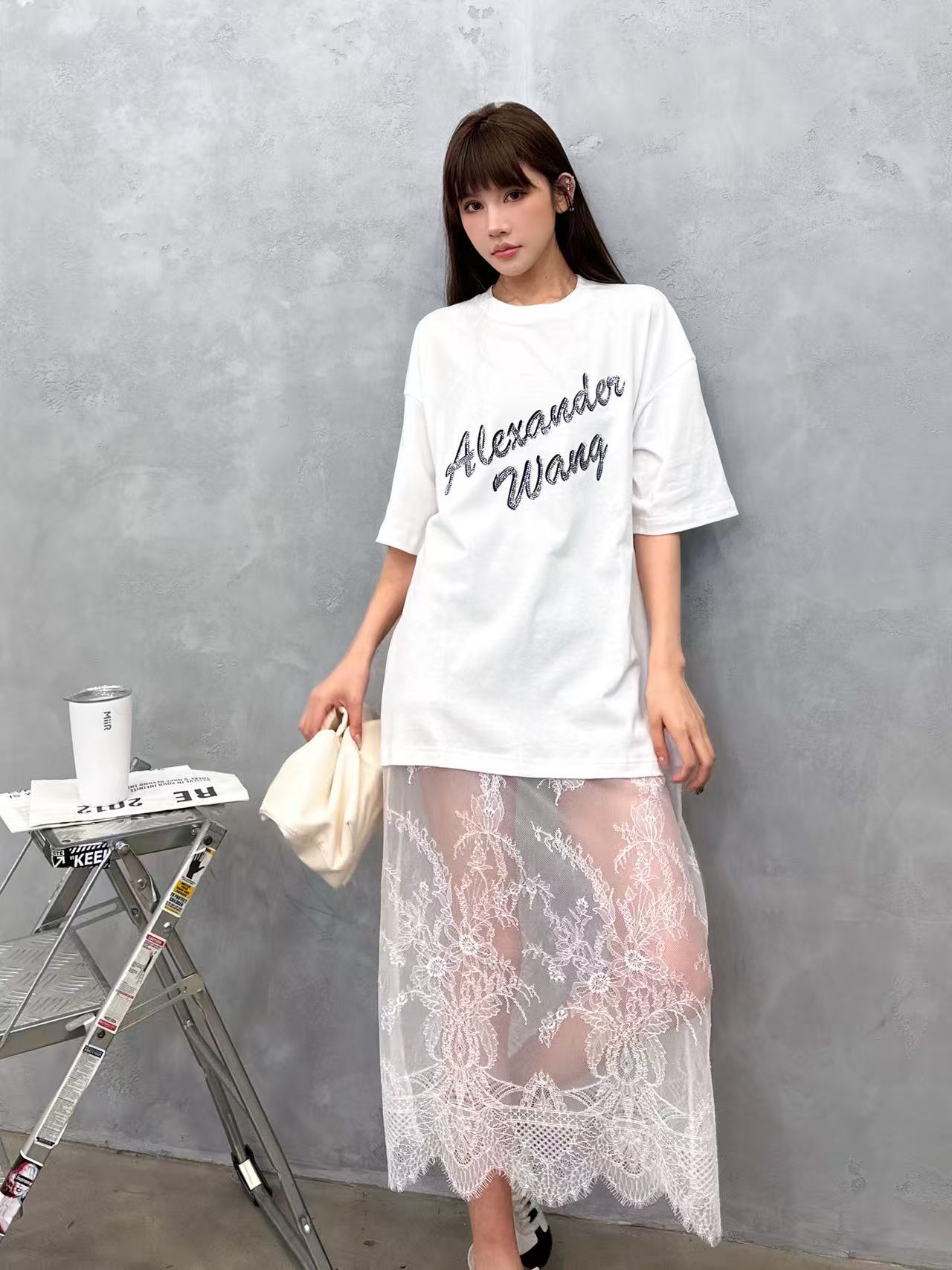 アレキサンダーワン ラインストーンロゴ Tシャツ レースパネルドレス 画像 8