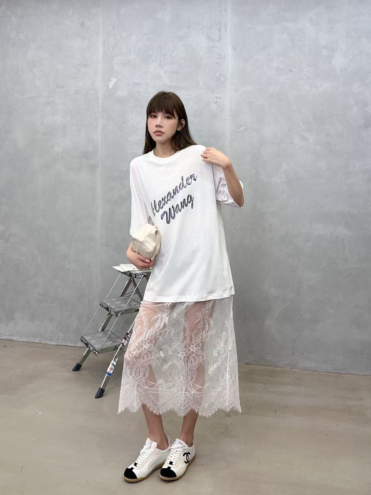 アレキサンダーワン ラインストーンロゴ Tシャツ レースパネルドレス 画像 9