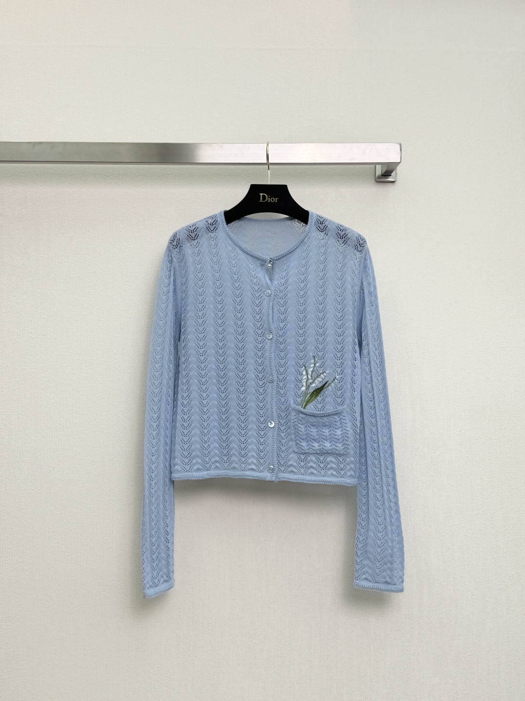 ライトブルー 透かし編み リリー刺繍カーディガン 詳細画像 1