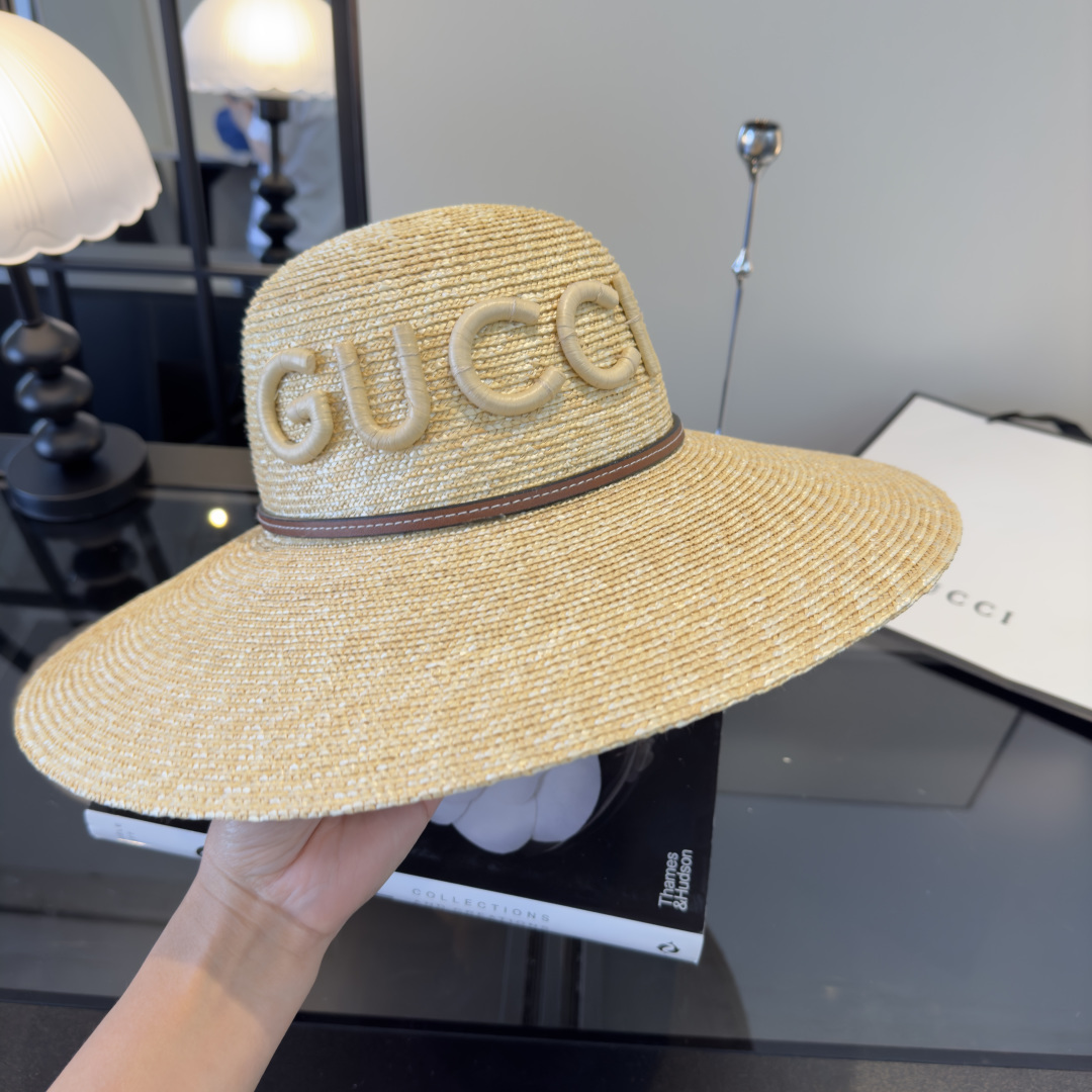 グッチ ベージュ ワイドブリム ストローハット ロゴバンド 画像 5