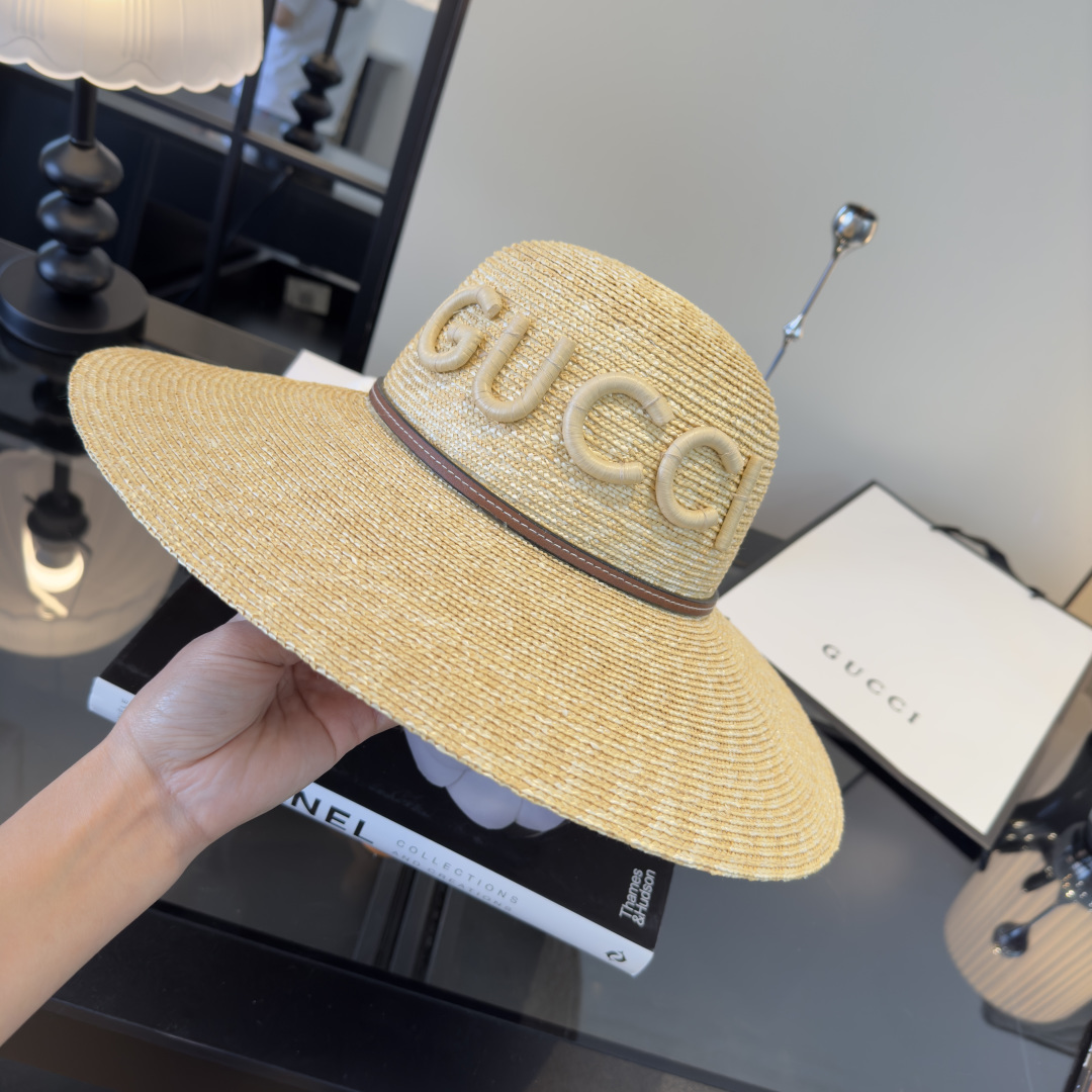 グッチ ベージュ ワイドブリム ストローハット ロゴバンド 画像 9