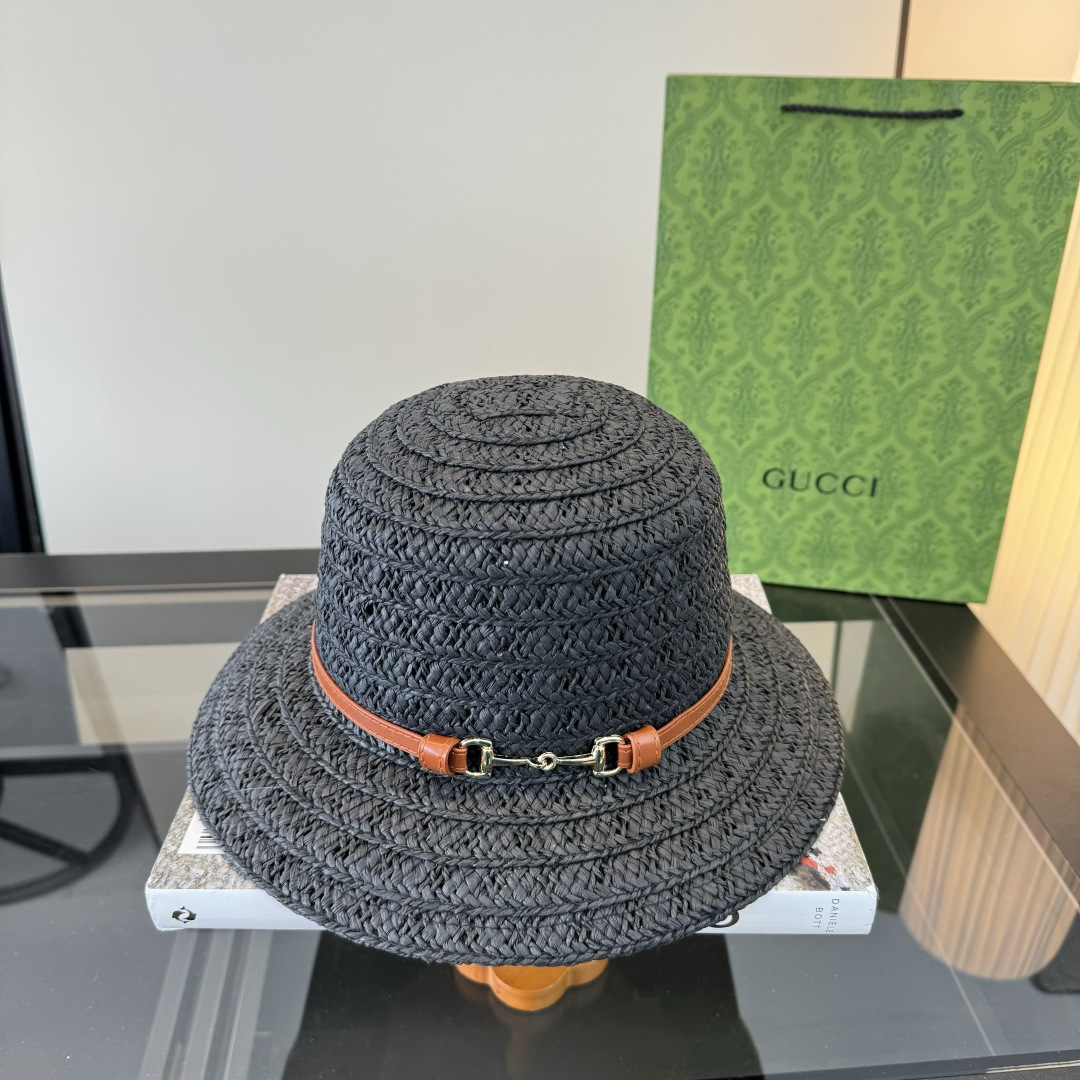 グッチ ブラック ラフィア バケットハット ホースビットバンド 詳細画像 2