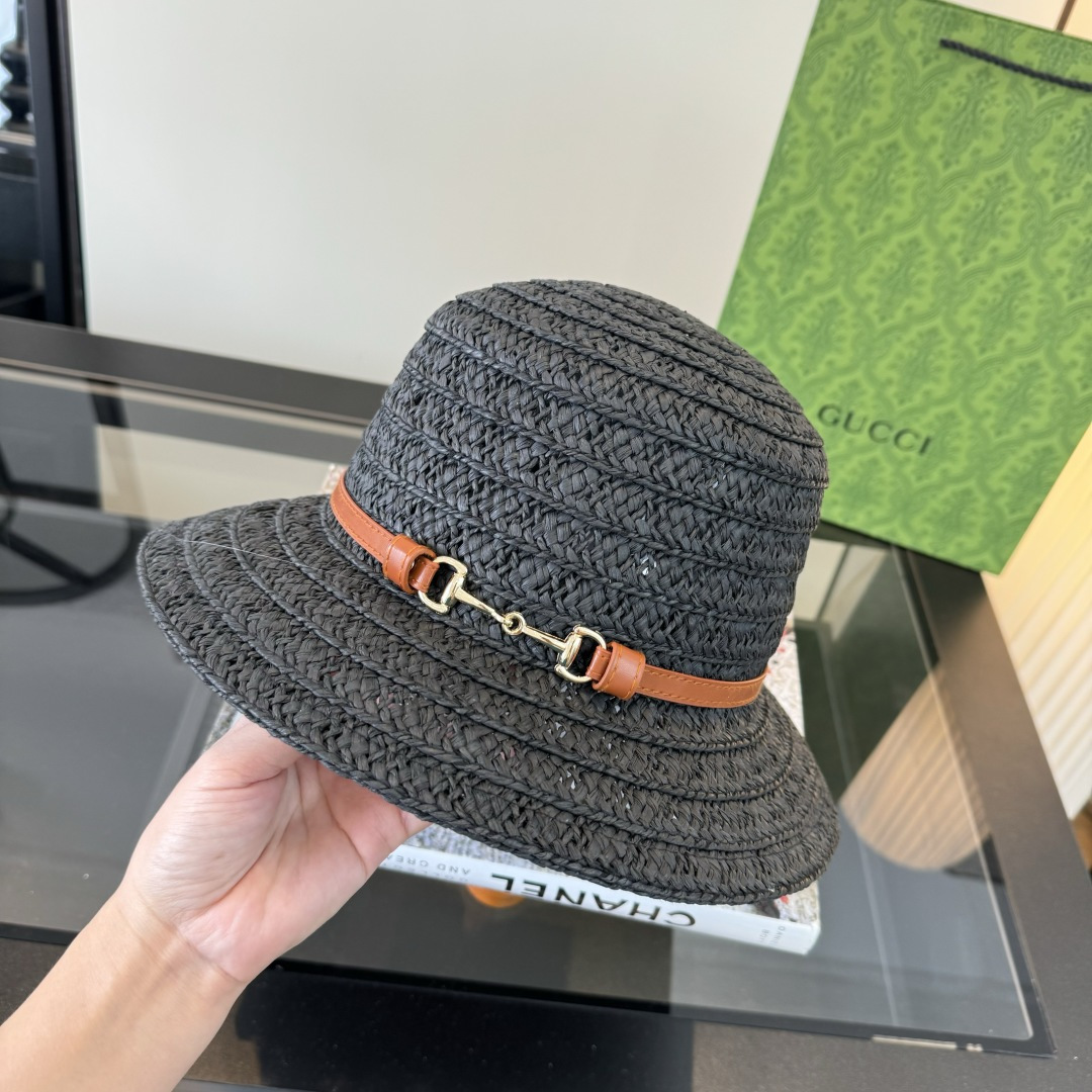 グッチ ブラック ラフィア バケットハット ホースビットバンド 詳細画像 3