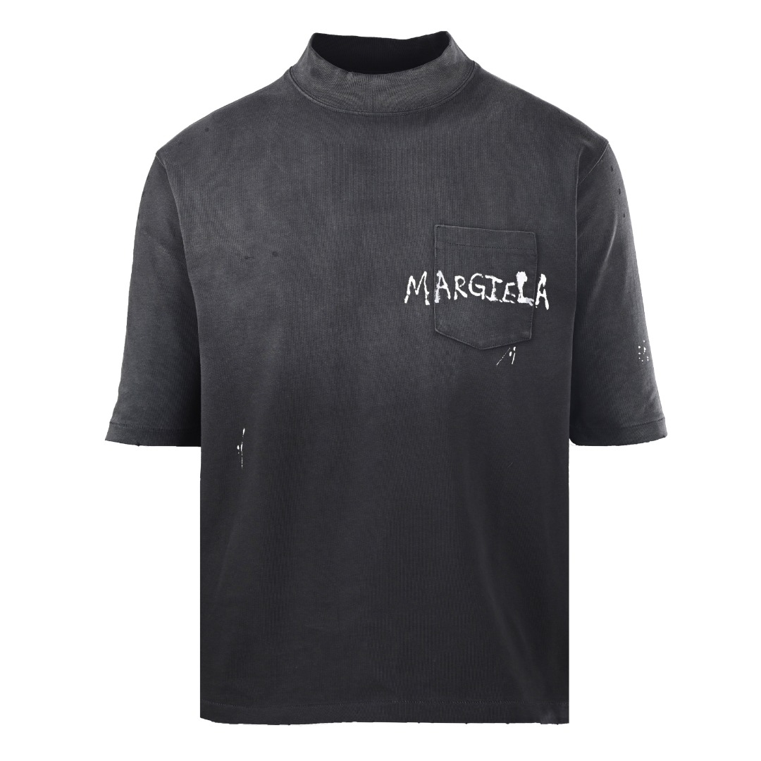 エムエムシックス メゾン マルジェラ ポケット グラフィティ ダメージ モックネック Tシャツ チャコール 詳細画像 1
