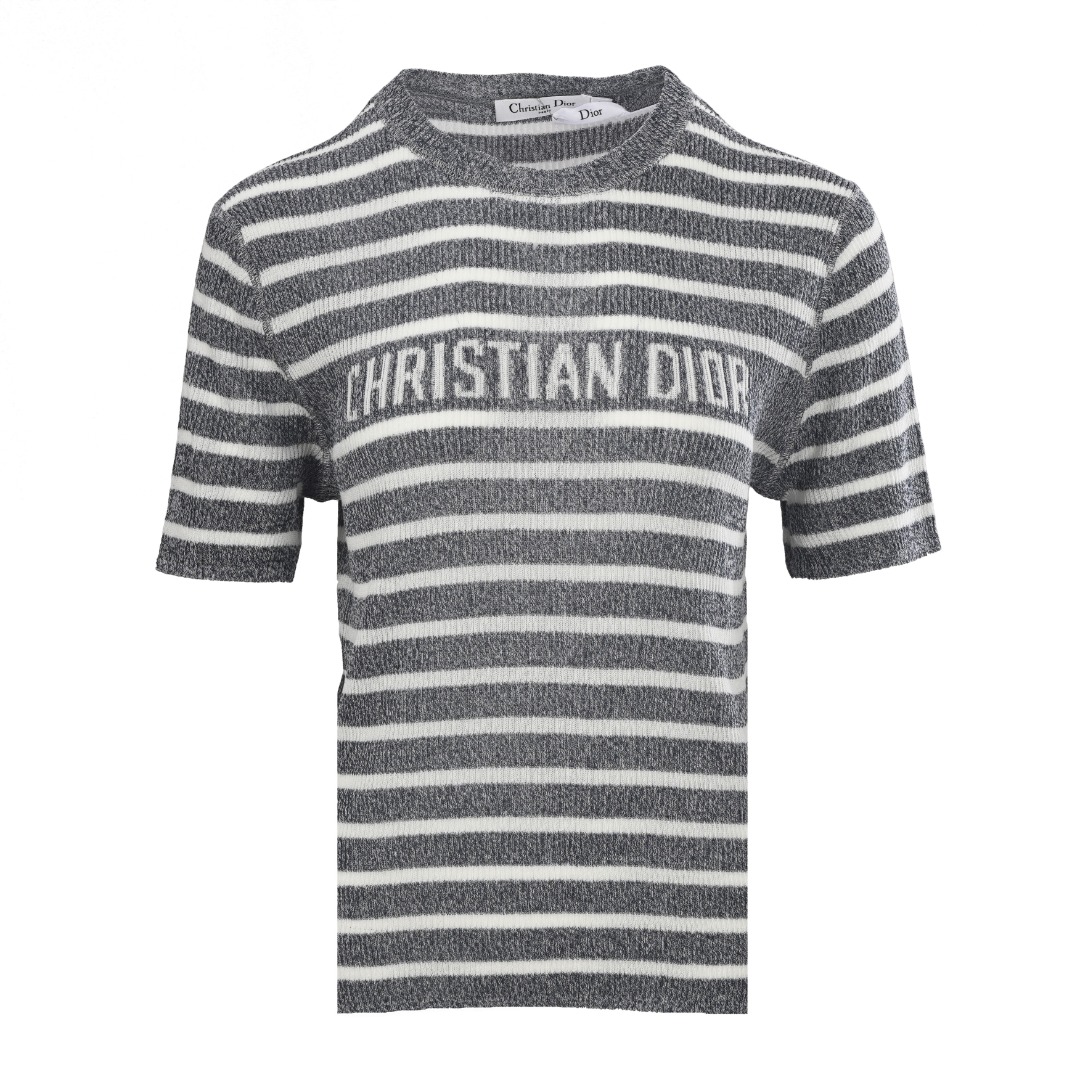 ディオール CD ストライプ リネンシルク ニット Tシャツ グレー 詳細画像 1