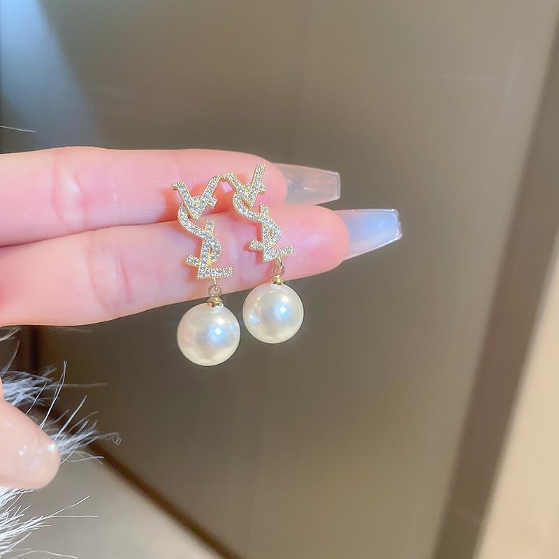 サンローラン パール クリスタル ロゴレター YSLロゴ ピアス ゴールド ホワイト 画像 5