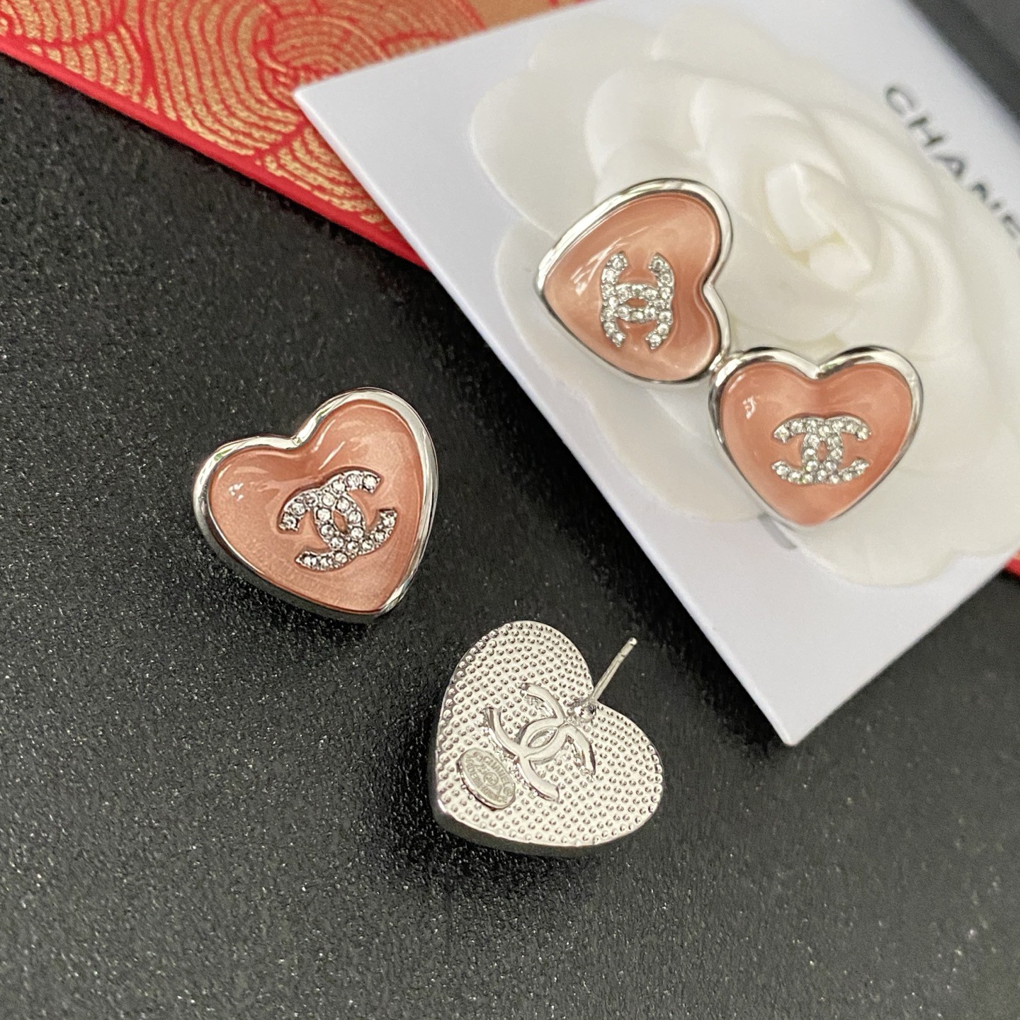 シャネル CCロゴ ハート クリスタル ロゴレター ピアス シルバー ピンク 画像 5