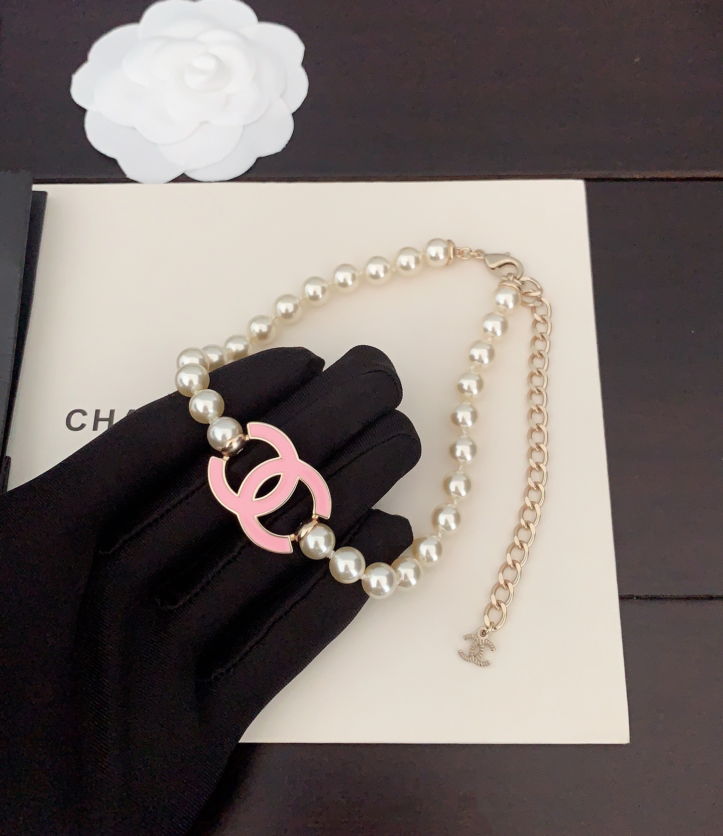 シャネル ロゴ レター パール ネックレス イエローゴールド ピンク 詳細画像 3