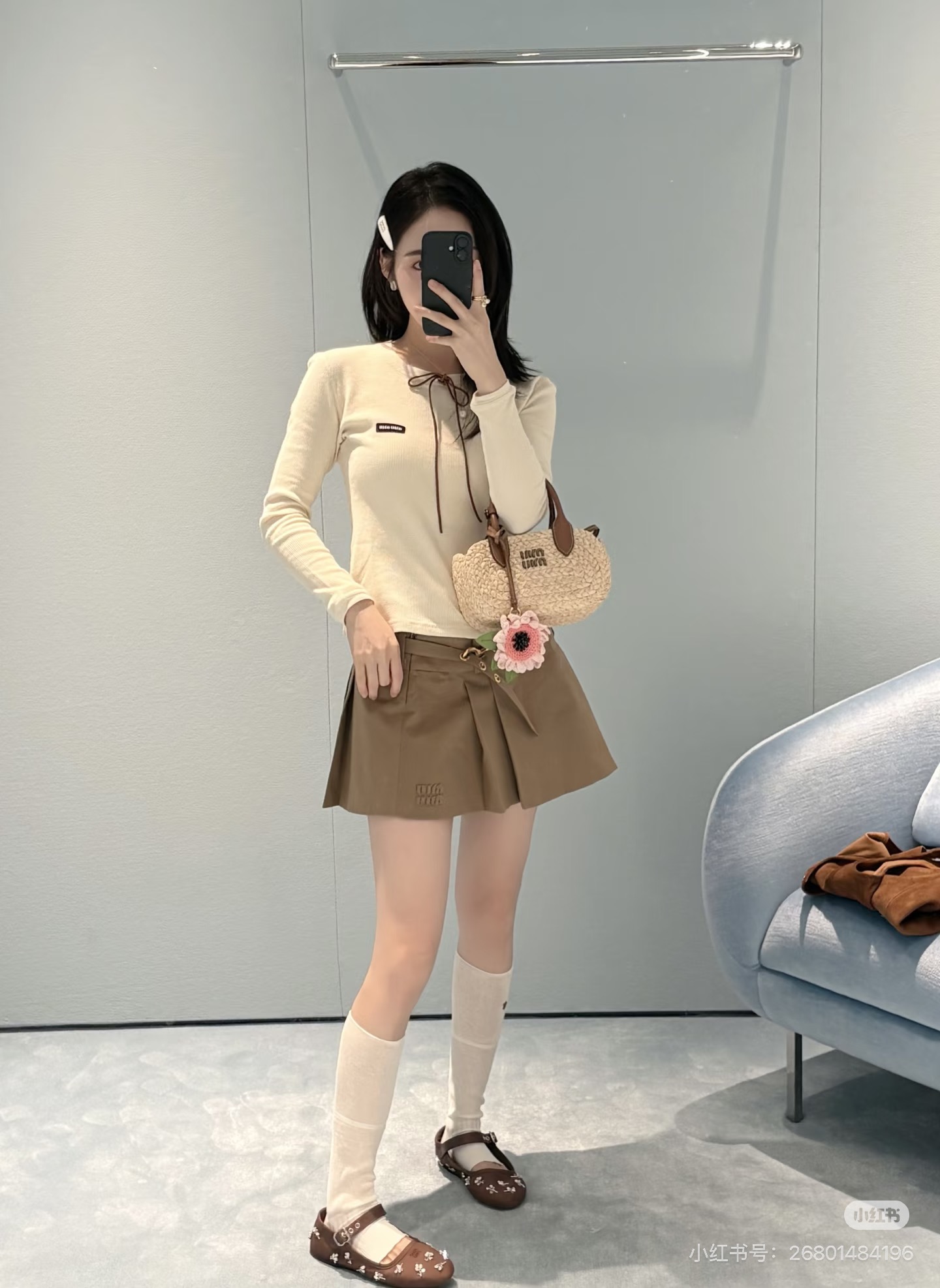 ミュウミュウ ストレート サイドジップ プリーツ ミディスカート ブラウン 詳細画像 2