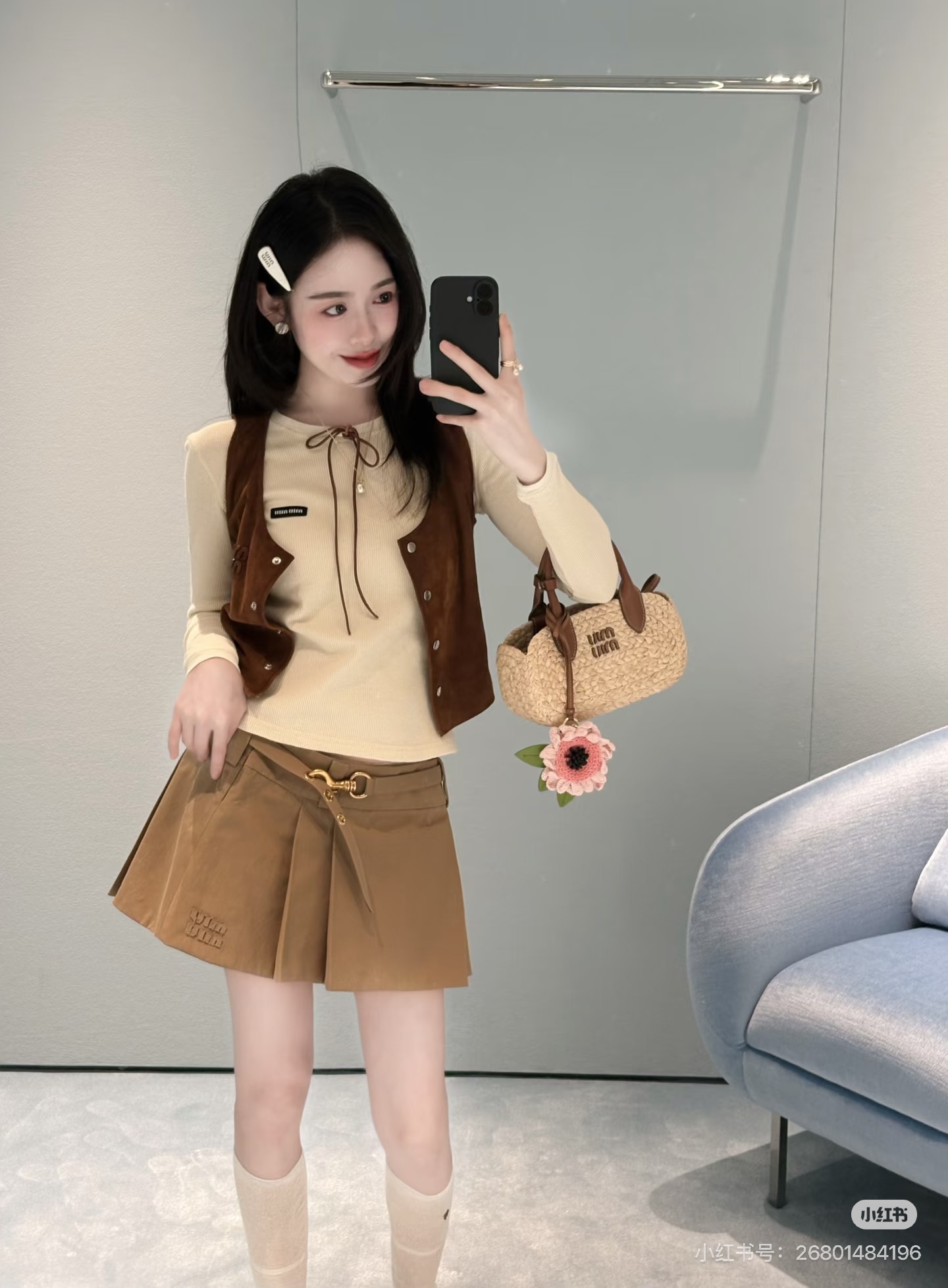 ミュウミュウ ストレート サイドジップ プリーツ ミディスカート ブラウン 詳細画像 3