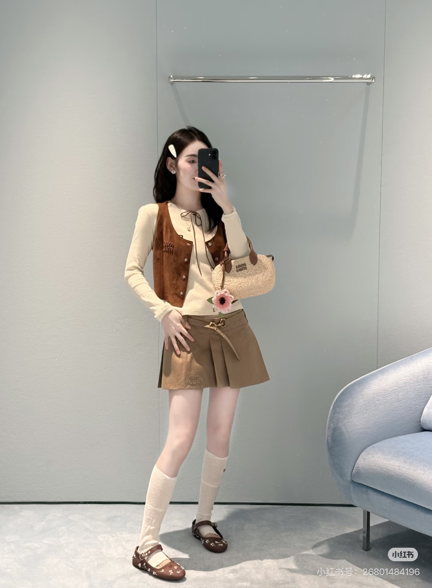 ミュウミュウ ストレート サイドジップ プリーツ ミディスカート ブラウン 画像 5