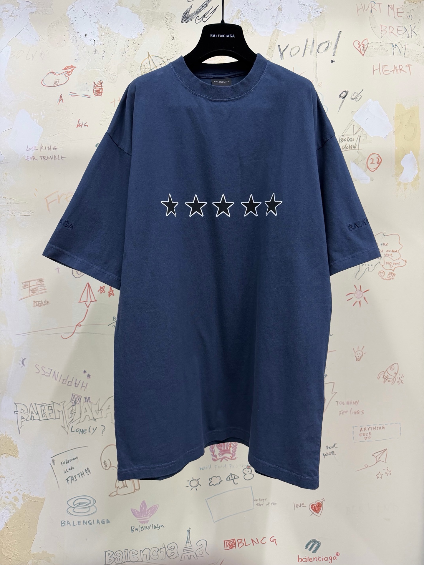 バレンシアガ スター刺繍 スローガンTシャツ ブルー 詳細画像 1