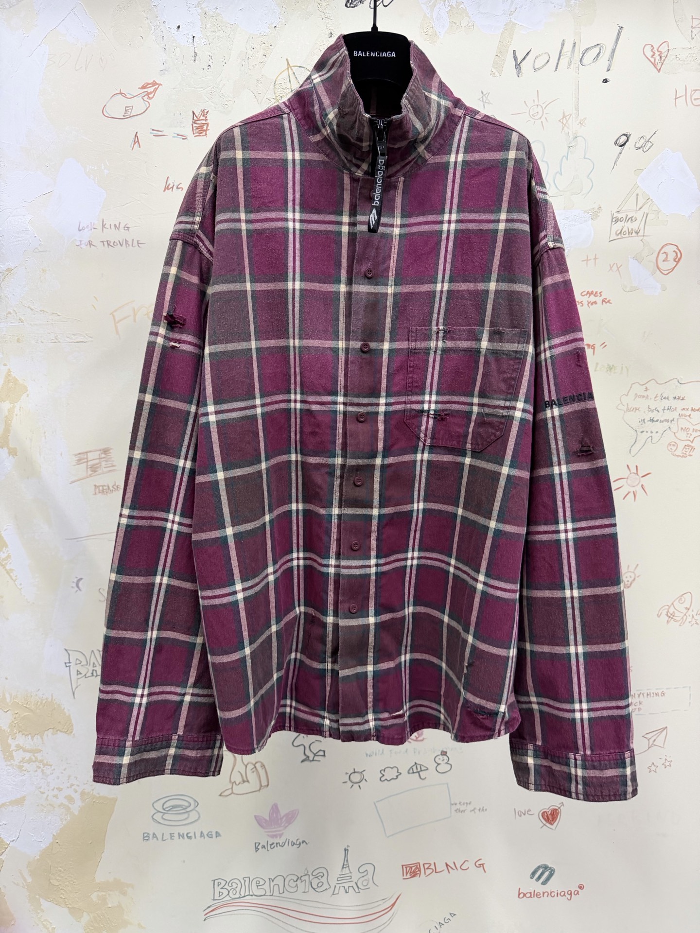 バレンシアガ レッドチェック スタンドカラー ジップシャツジャケット 詳細画像 1