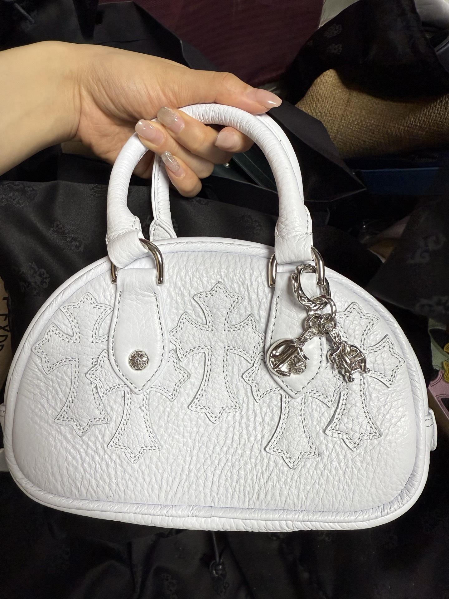 クロムハーツ ホワイト クロス Dome ミニ Handbag シルバー Buttons 画像 5