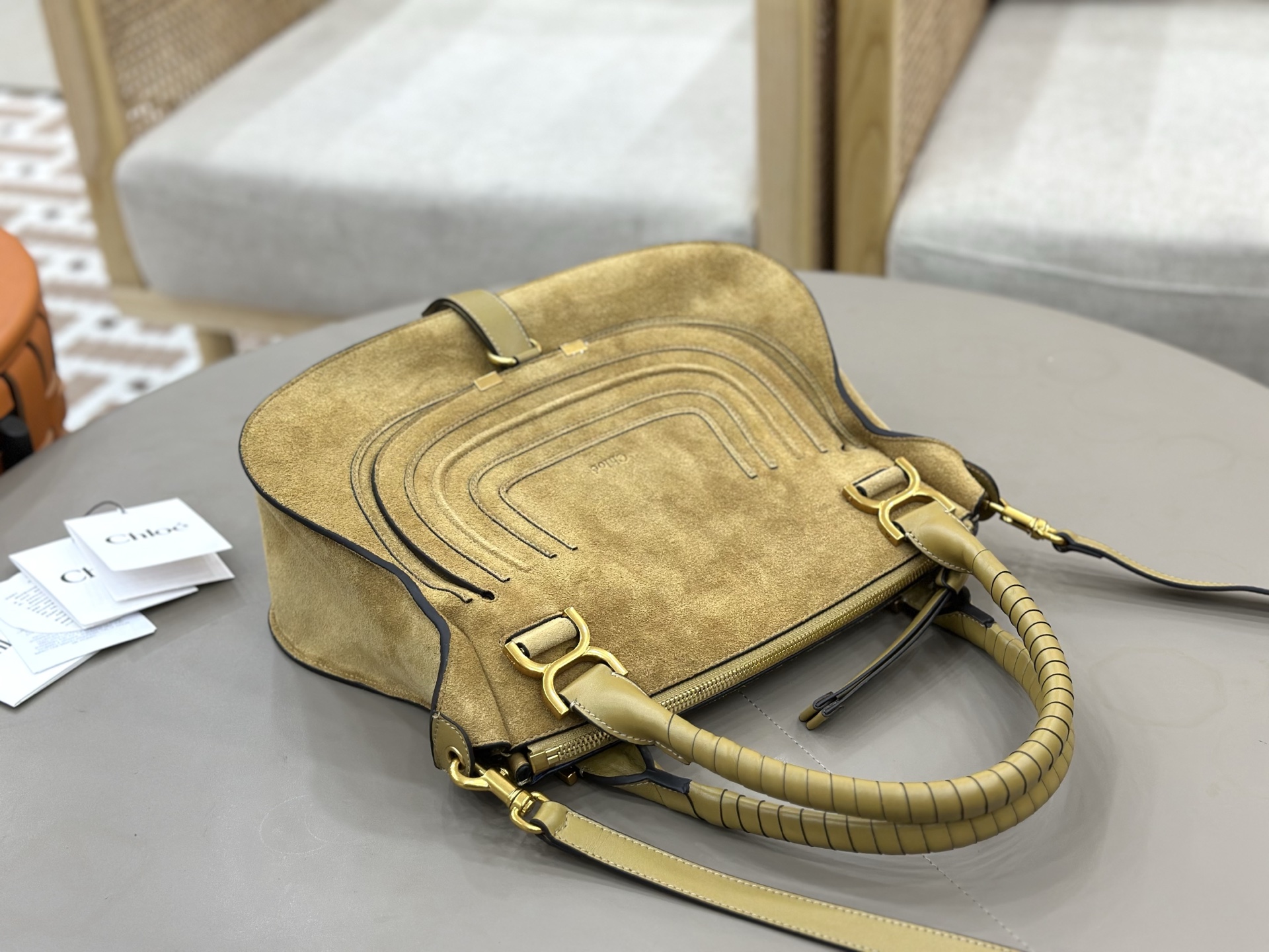 クロエ Marcie スエード カーフスキン トップハンドルバッグ オリーブ ミディアム 画像 5