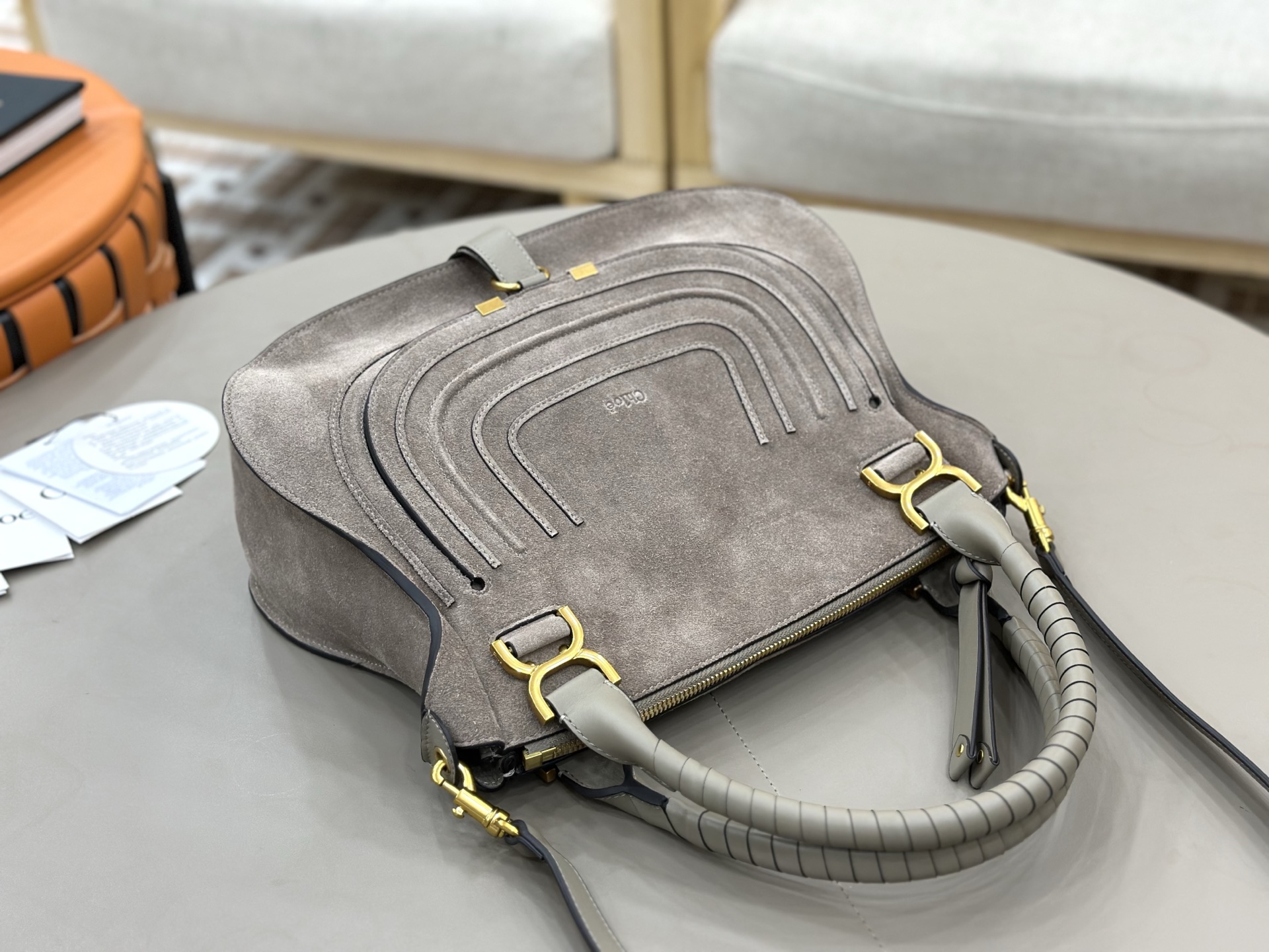 クロエ Marcie スエード カーフスキン タッセルバッグ グレー ラージ 画像 5