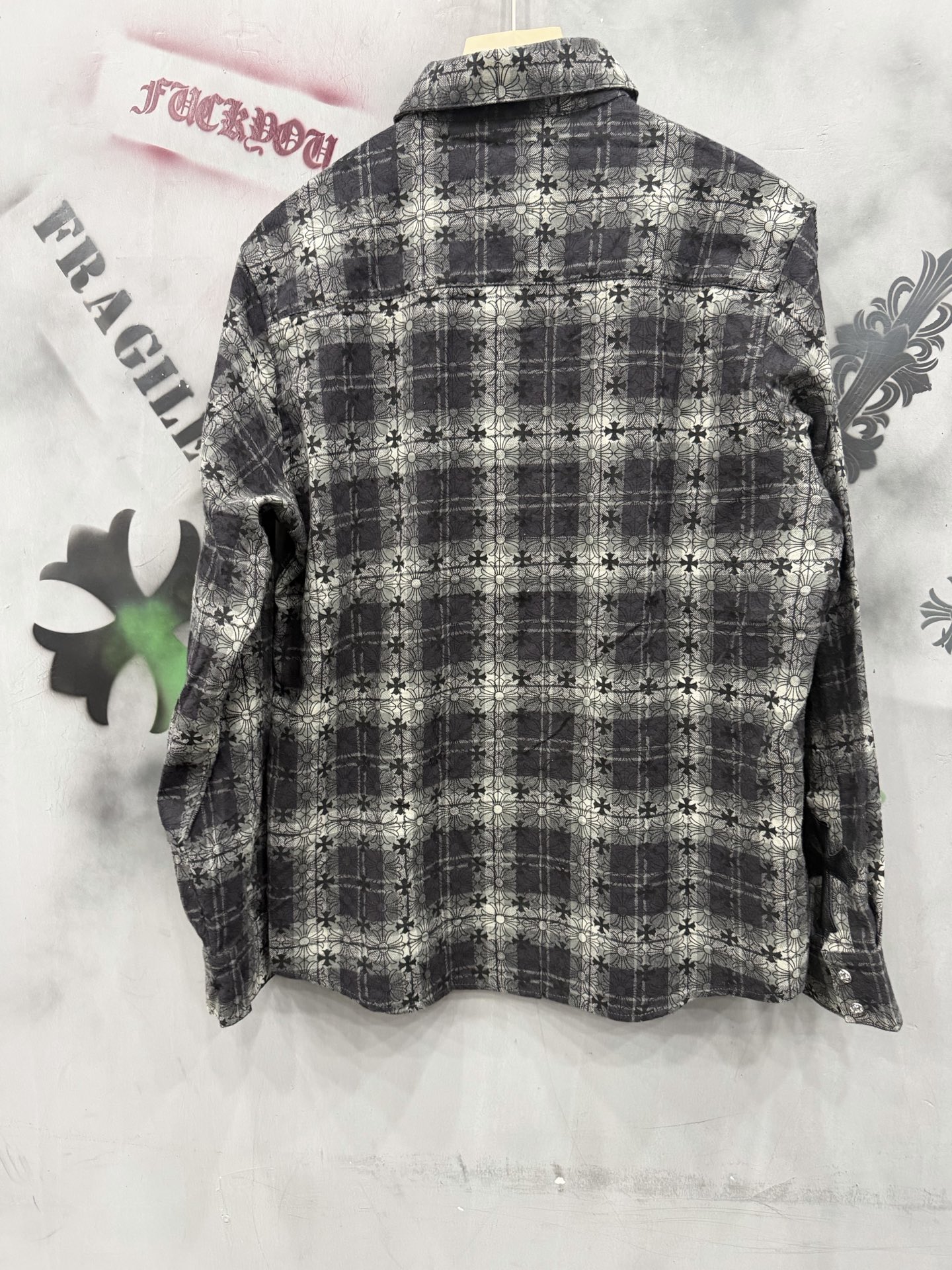 クロムハーツ Plaid Leather Patchwork レザーパッチ シャツ ブラック グレー 詳細画像 1