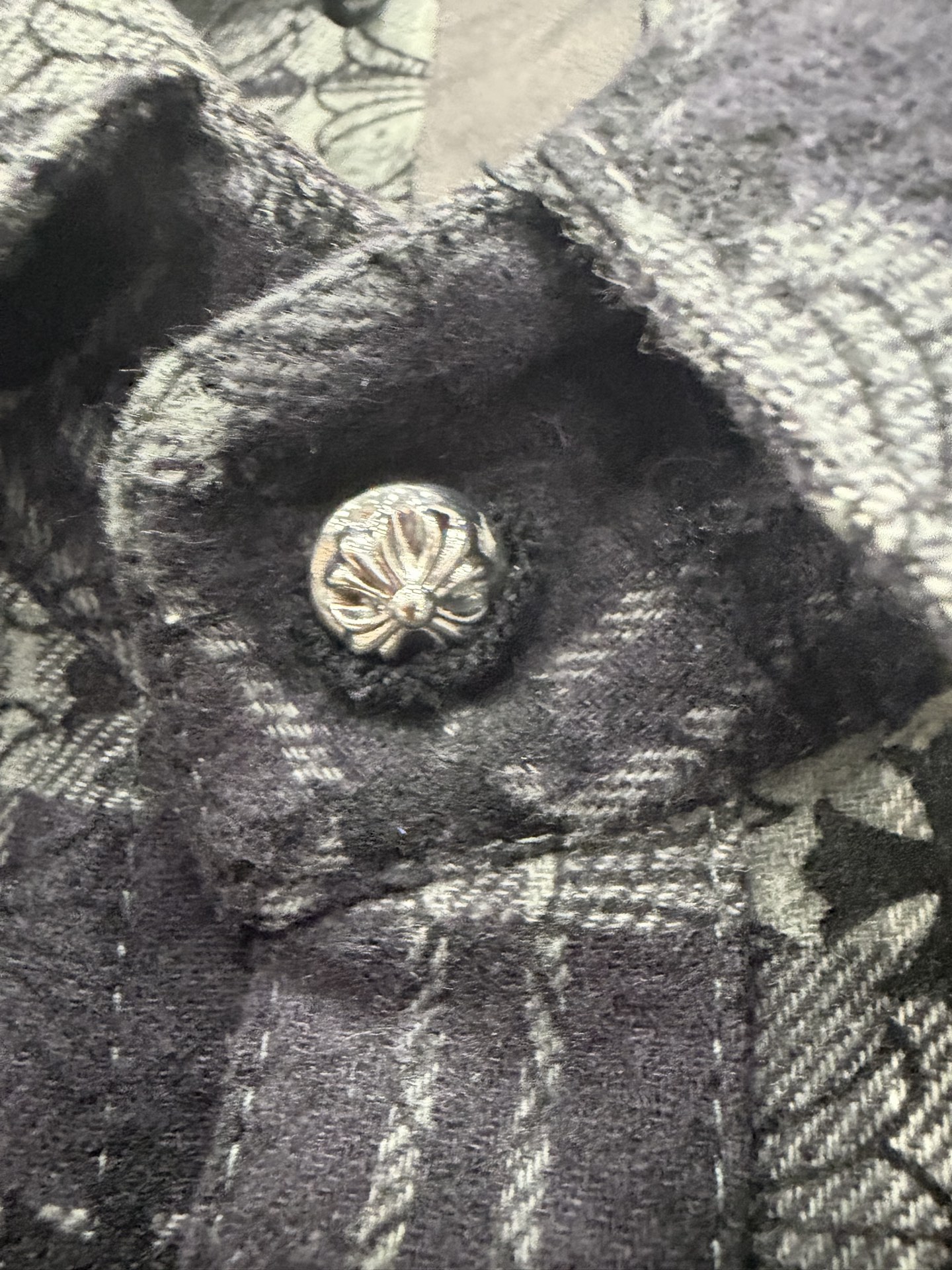 クロムハーツ Plaid Leather Patchwork レザーパッチ シャツ ブラック グレー 詳細画像 2