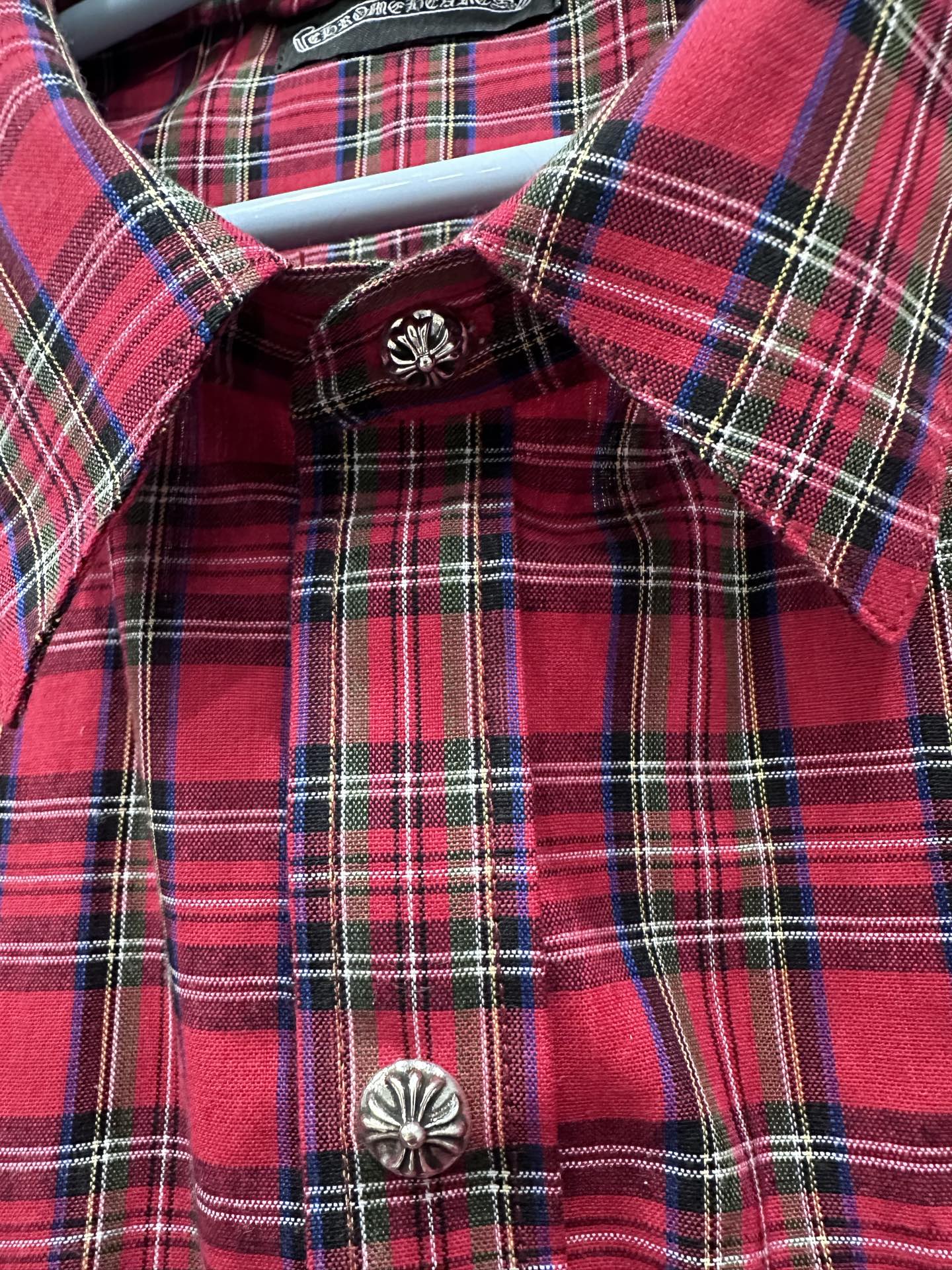 クロムハーツ Plaid Flame Leather Patchwork レザーパッチ シャツ 詳細画像 2