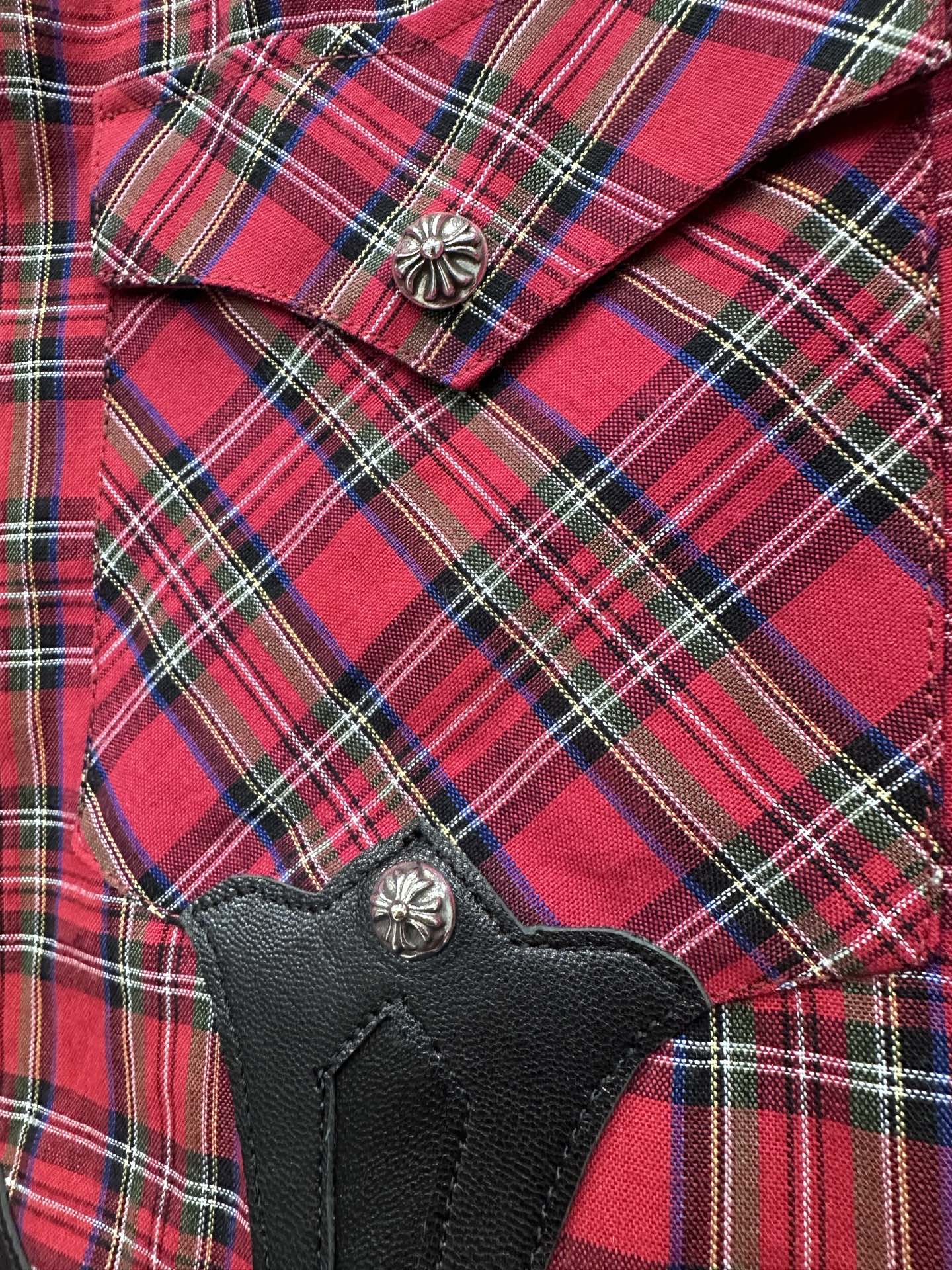 クロムハーツ Plaid Flame Leather Patchwork レザーパッチ シャツ 画像 6
