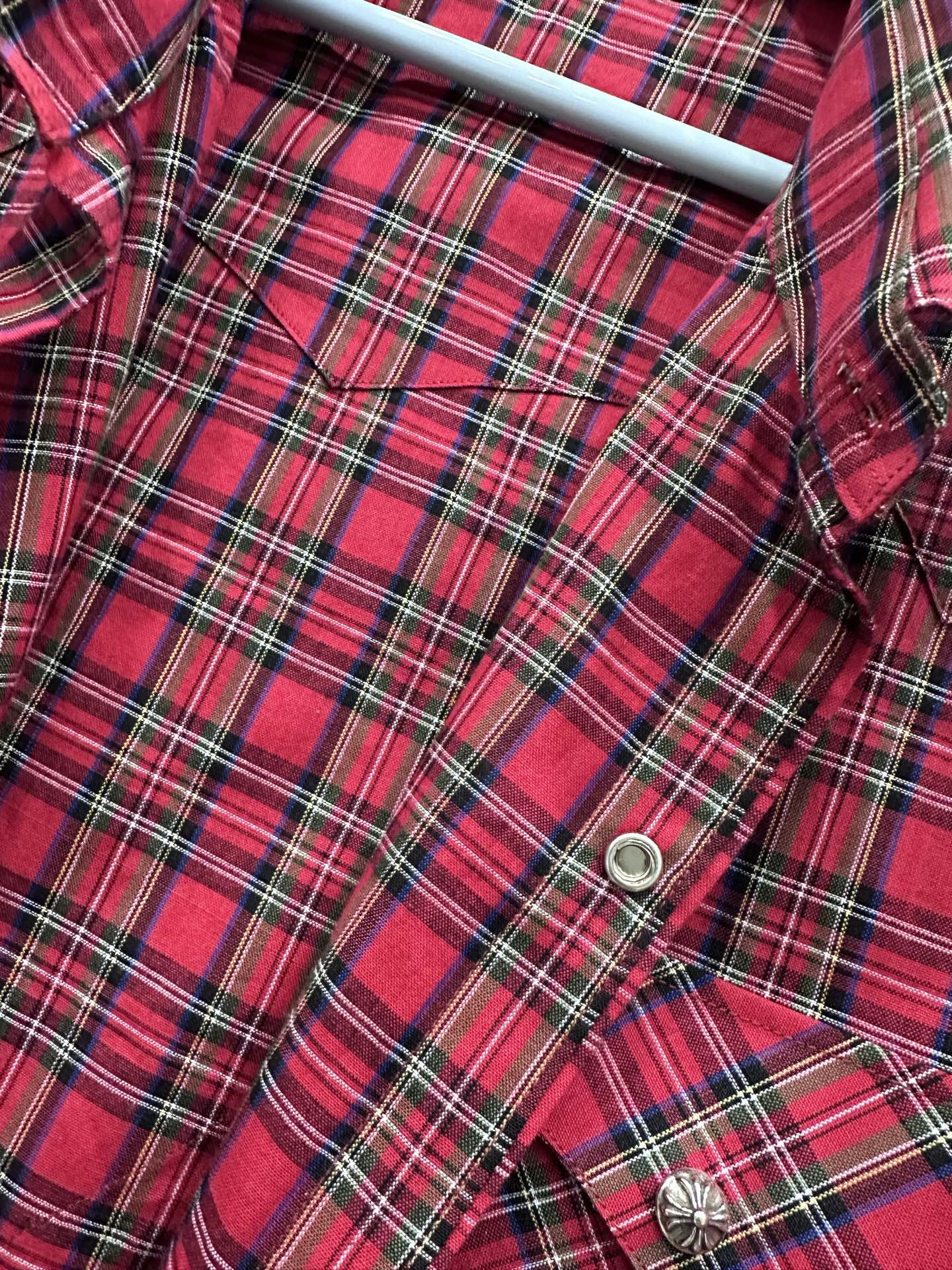 クロムハーツ Plaid Flame Leather Patchwork レザーパッチ シャツ 画像 8
