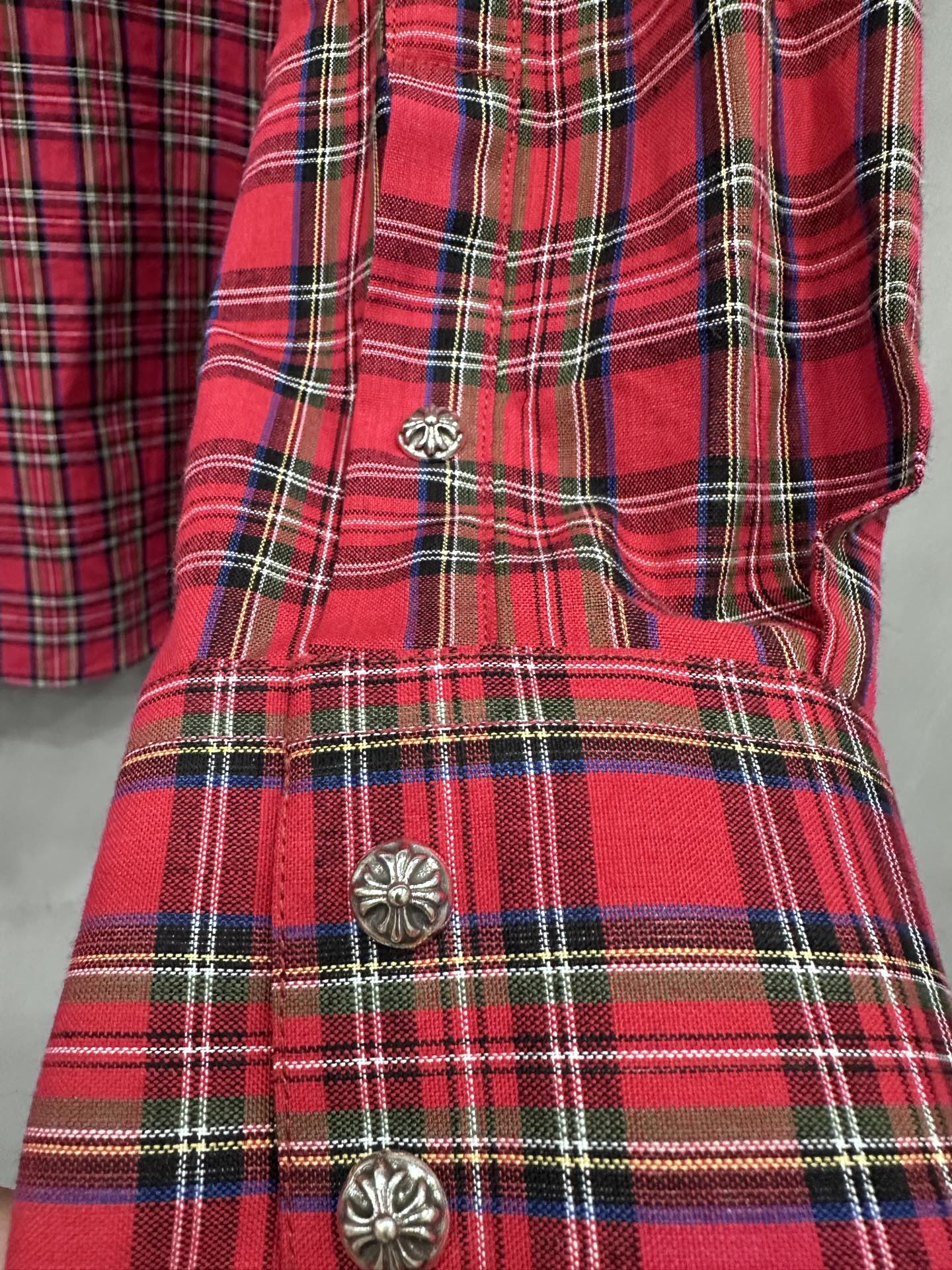 クロムハーツ Plaid Flame Leather Patchwork レザーパッチ シャツ 画像 9