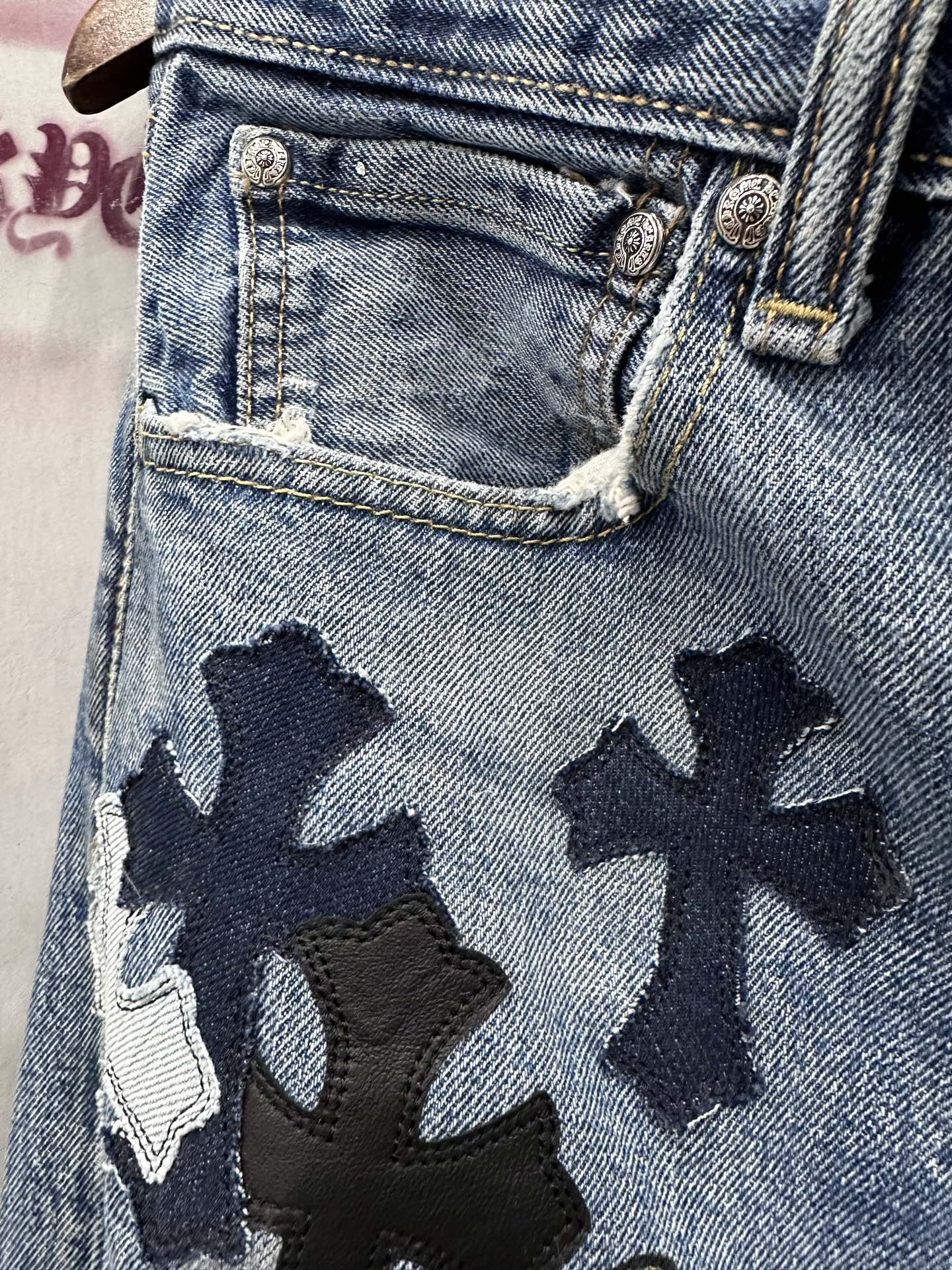 クロムハーツ x Levi's 501 ペイント パッチワーク ジーンズ ライトブルー 画像 5