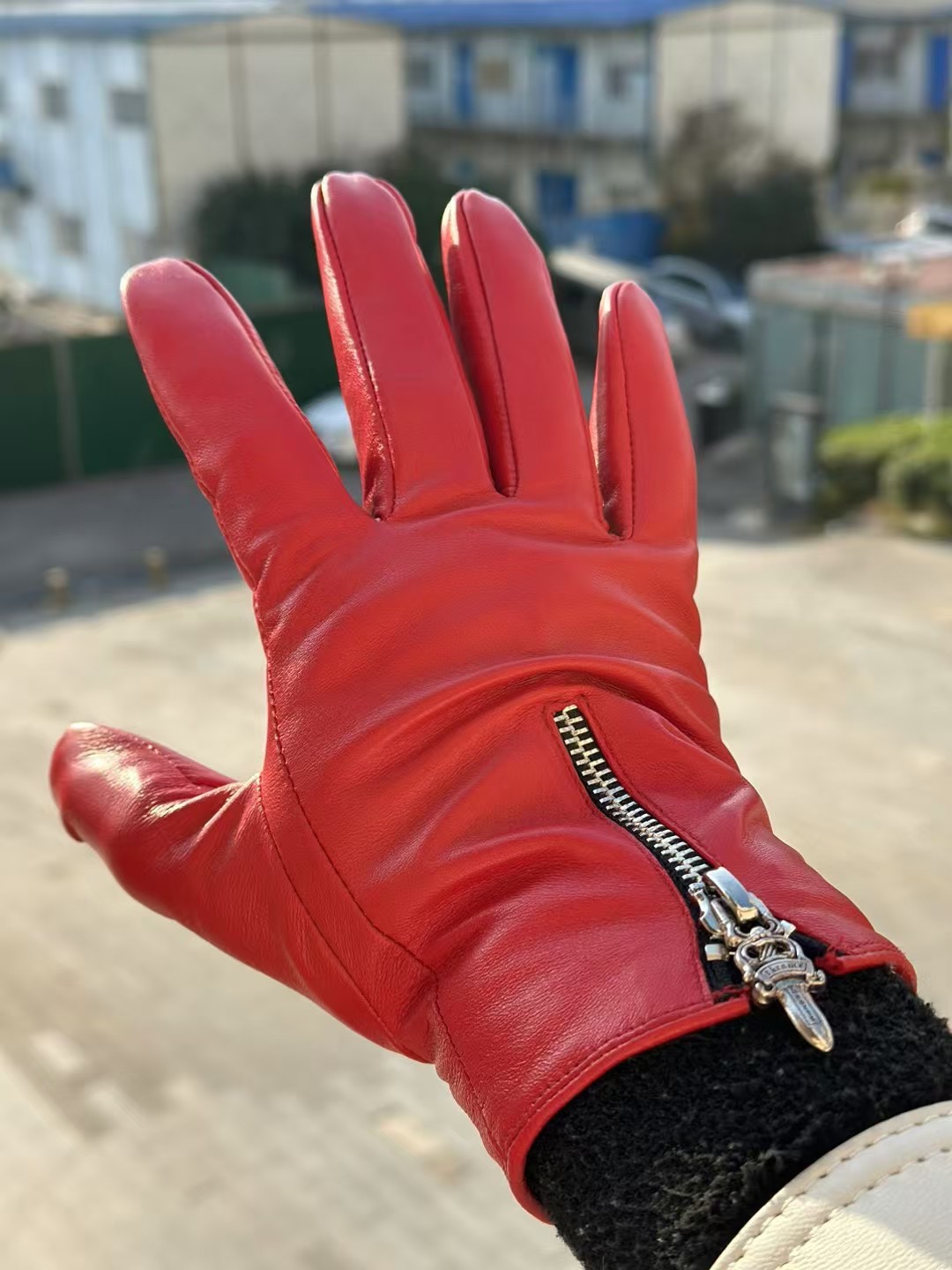 クロムハーツ ゴートスキン ジップグローブ ブラック レッド 画像 8