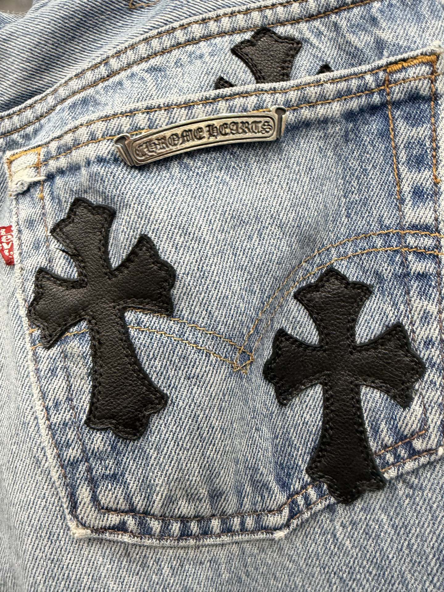 クロムハーツ x リーバイス 501 レザーパッチワーク ジーンズ ブルー 画像 6