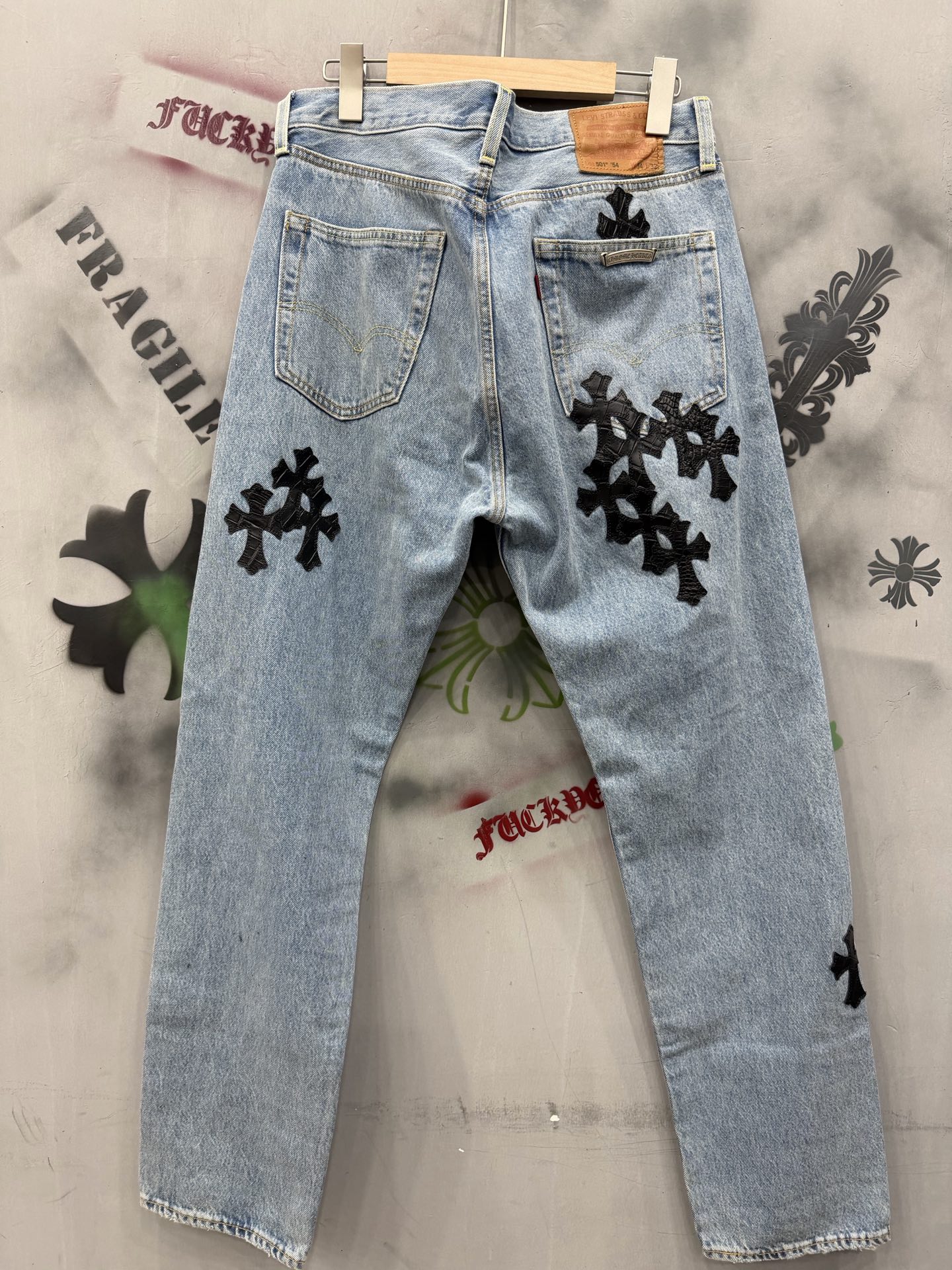 クロムハーツ x Levi's 501 Crocodile レザー Patch ジーンズ ライトブルー 詳細画像 1